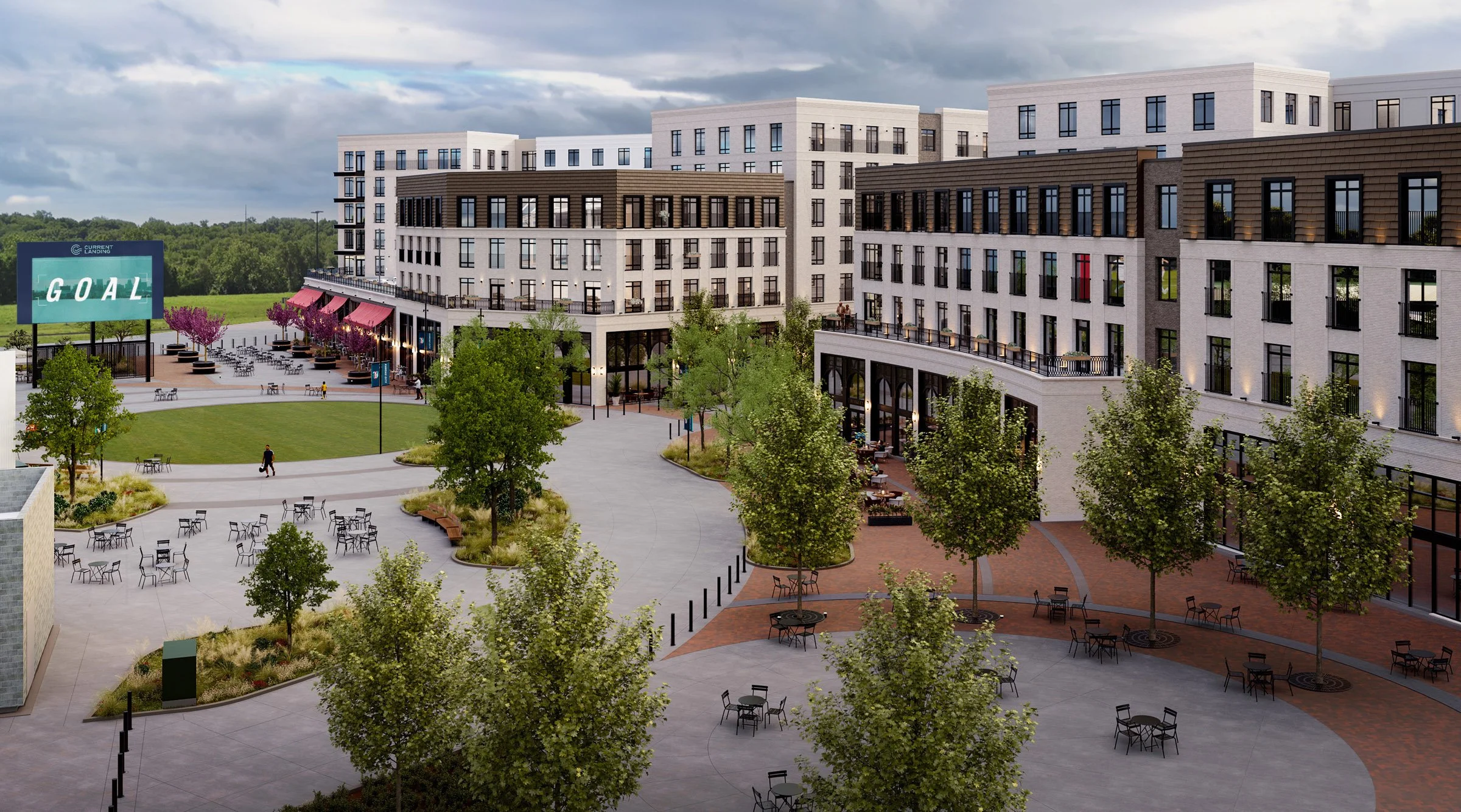 River's Edge Residences and Confluence Residences, along with premier dining and retail, effortlessly connect with 2+ acres of open space and the stadium, creating a vibrant, walkable community. 