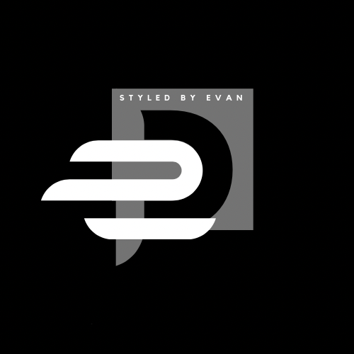 Logo with text 'Styled by Evan' and stylized 'E2' design in black, white, and gray.