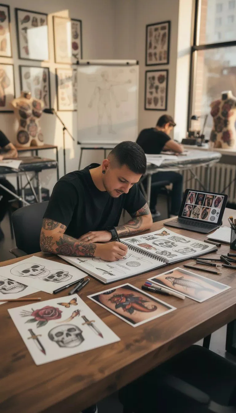 Male tattoo artist student working on portfolio artwork as part of hands-on tattoo school training program