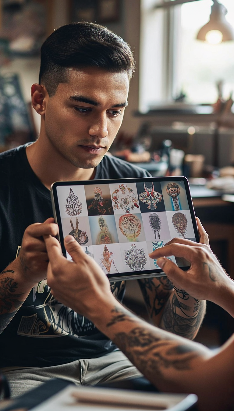 Tattoo artist student working on digital portfolio artwork as part of hands-on tattoo school training program
