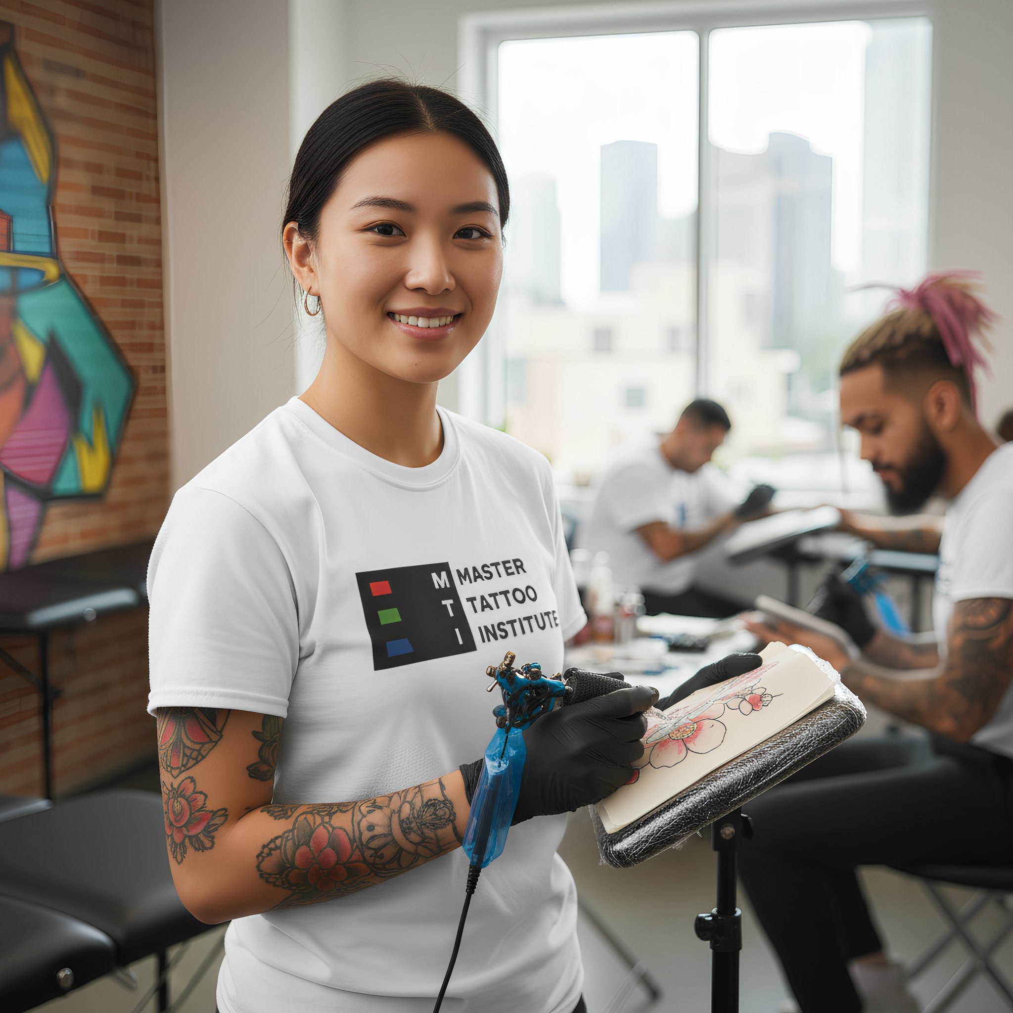 Tattoo school student at Master Tattoo Institute holding a tattoo machine while practicing on a tattoo design in a classroom studio setting.