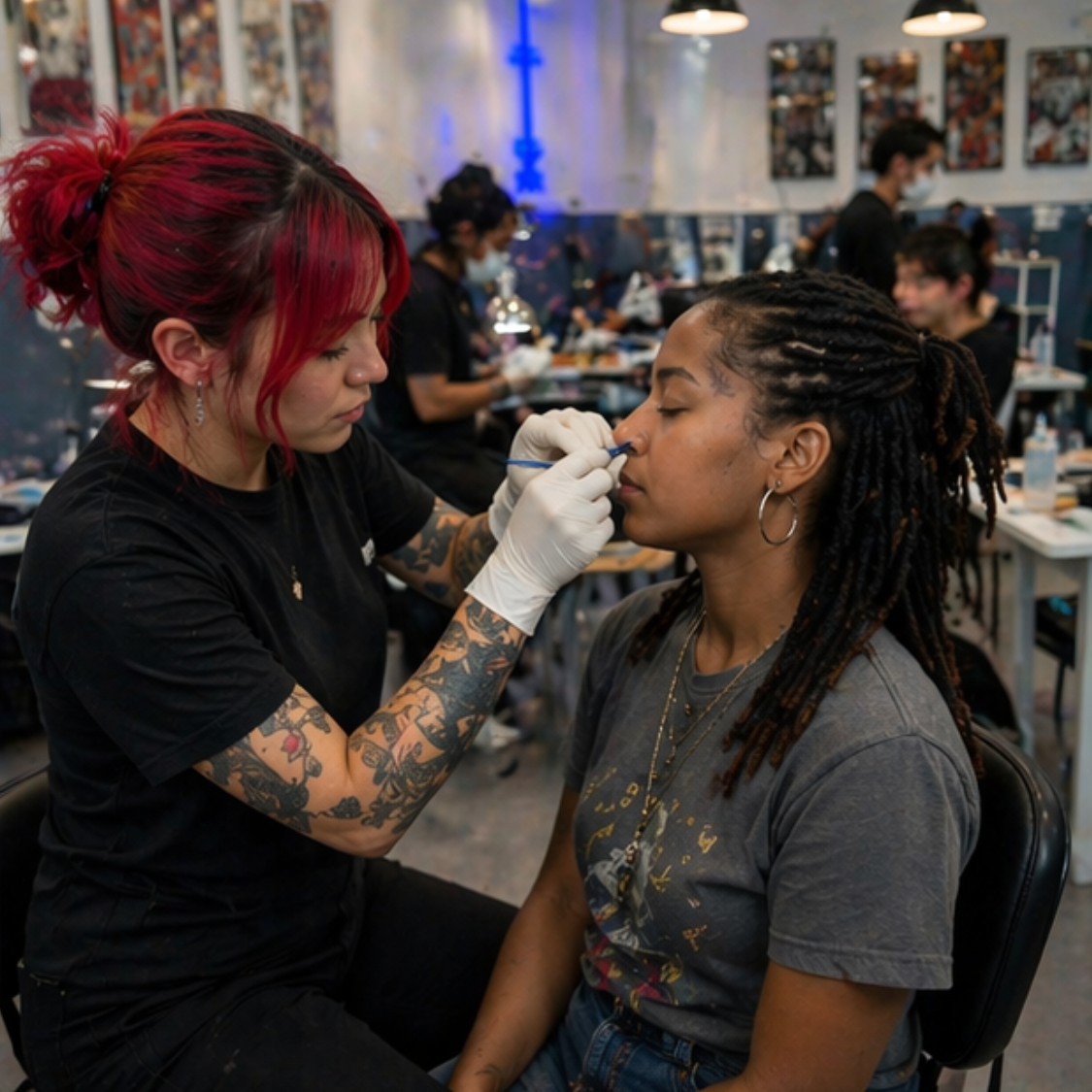 Instructor guiding piercing student
