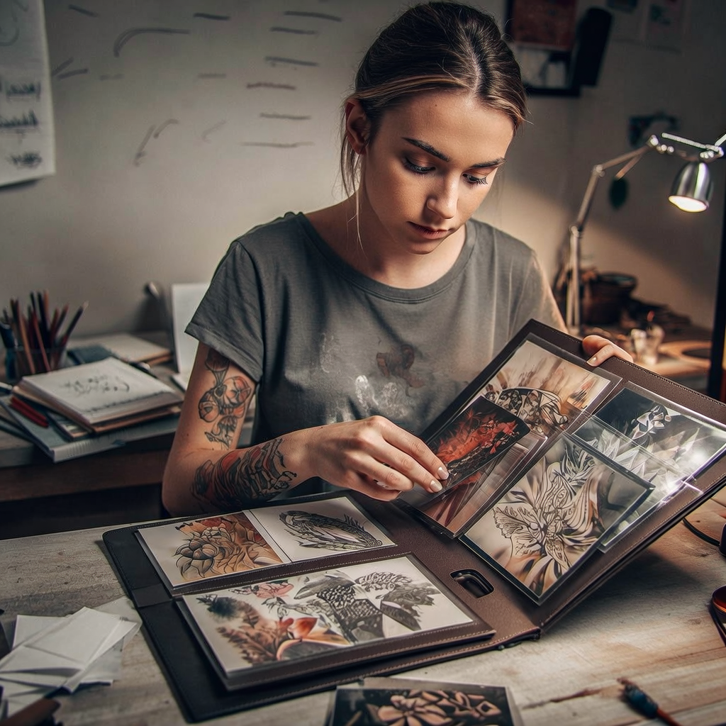 Female tattoo artist student working on portfolio artwork as part of hands-on tattoo school training program