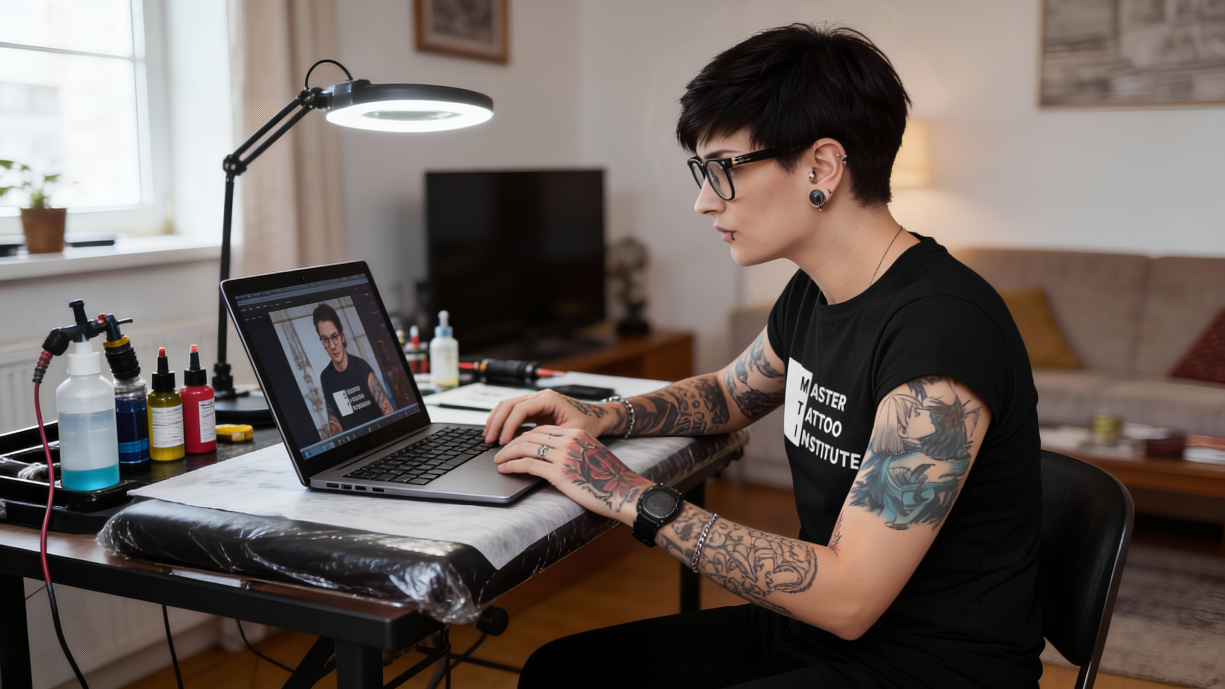 Tattoo student wearing a Master Tattoo Institute shirt participating in live online tattoo classes from home