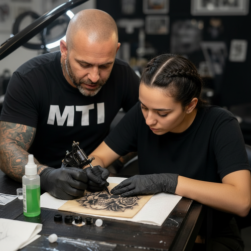 Tattoo student practicing linework and shading on fake skin with instructor guidance