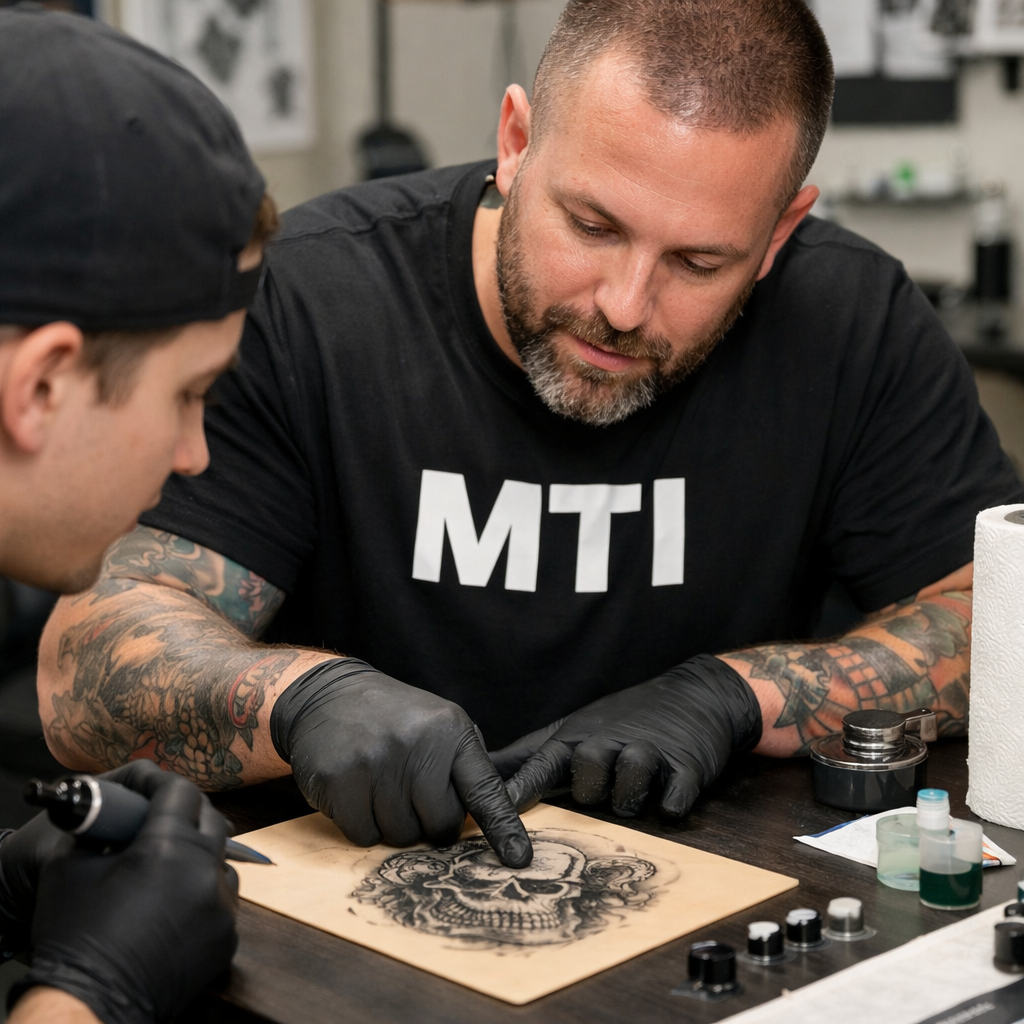 Tattoo instructor demonstrating professional tattoo technique for students