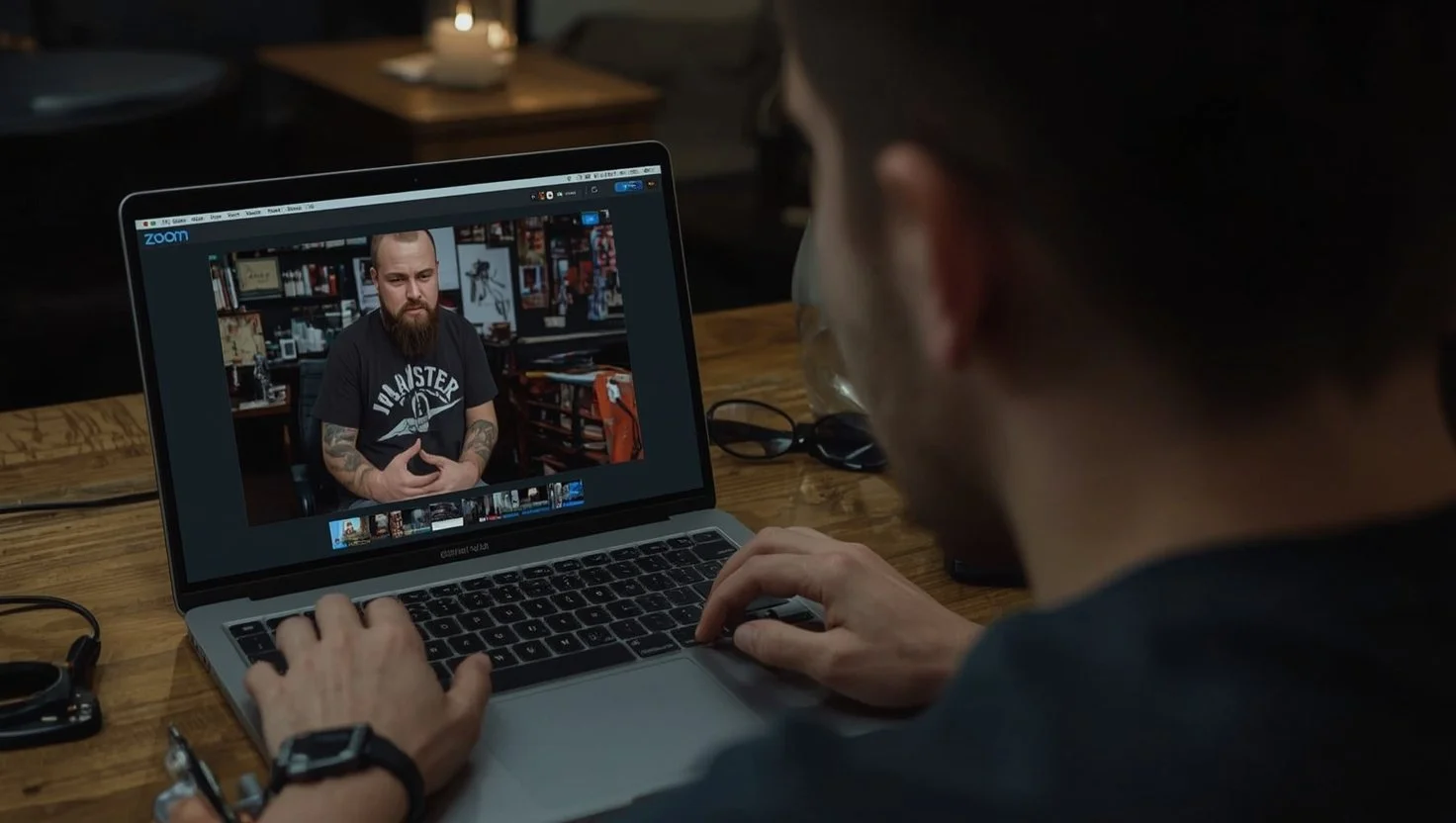 Master Tattoo Institute student watching an online class at home