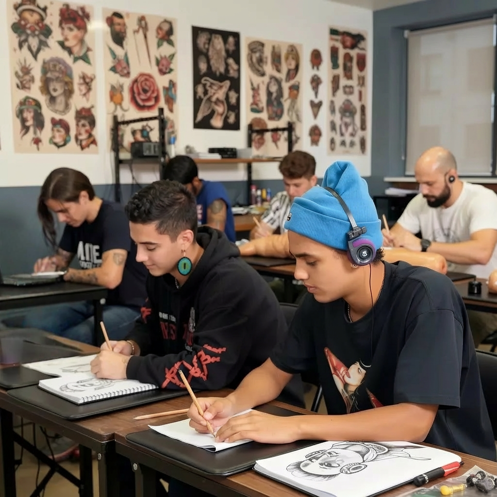 Tattoo students learning art fundamentals in a hands-on classroom setting at Master Tattoo Institute