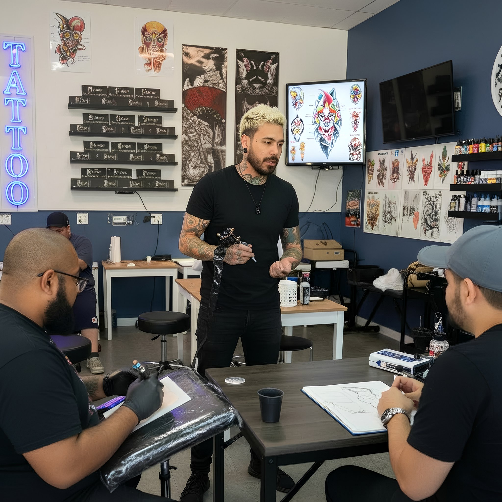 Tattoo instructor teaching live online tattoo classes with real-time feedback at Master Tattoo Institute