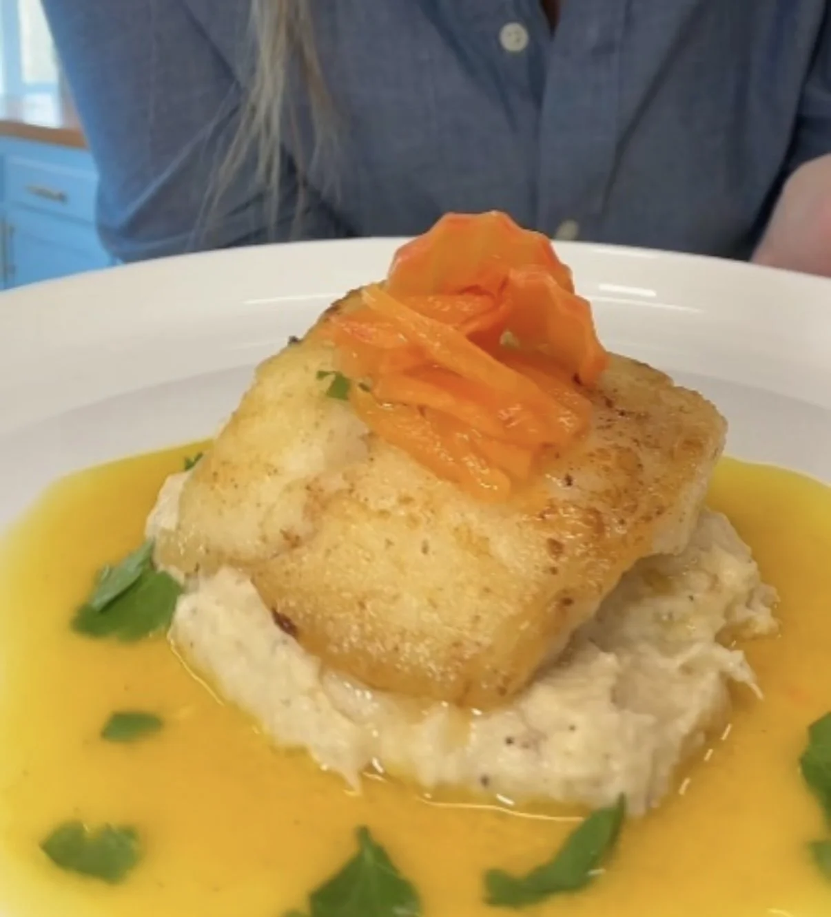 Pan-Seared Halibut in a  Vanilla Saffron Sauce with Parsnip Puree and Saffron Pickled Radish Salad
