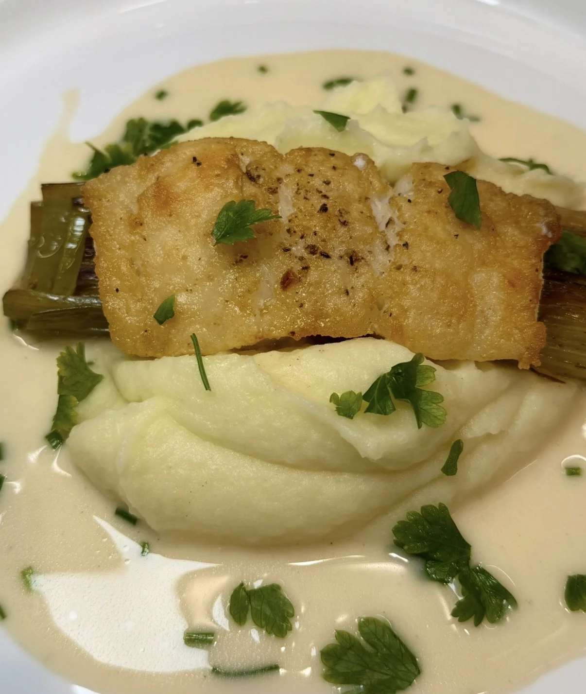 Dinner Menu:         Pan-Seared Cod + Pommes Puree+Braised Leeks+ Beurre Blanc