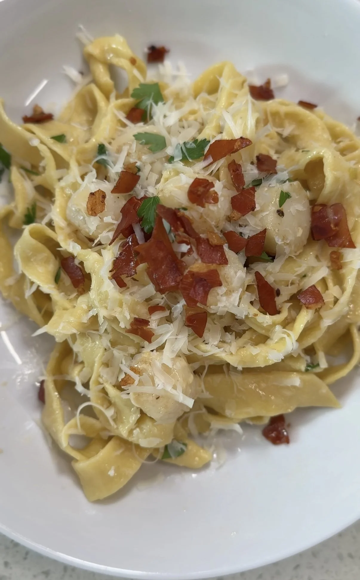 Scallop Fettuccini with Crispy Prosciutto