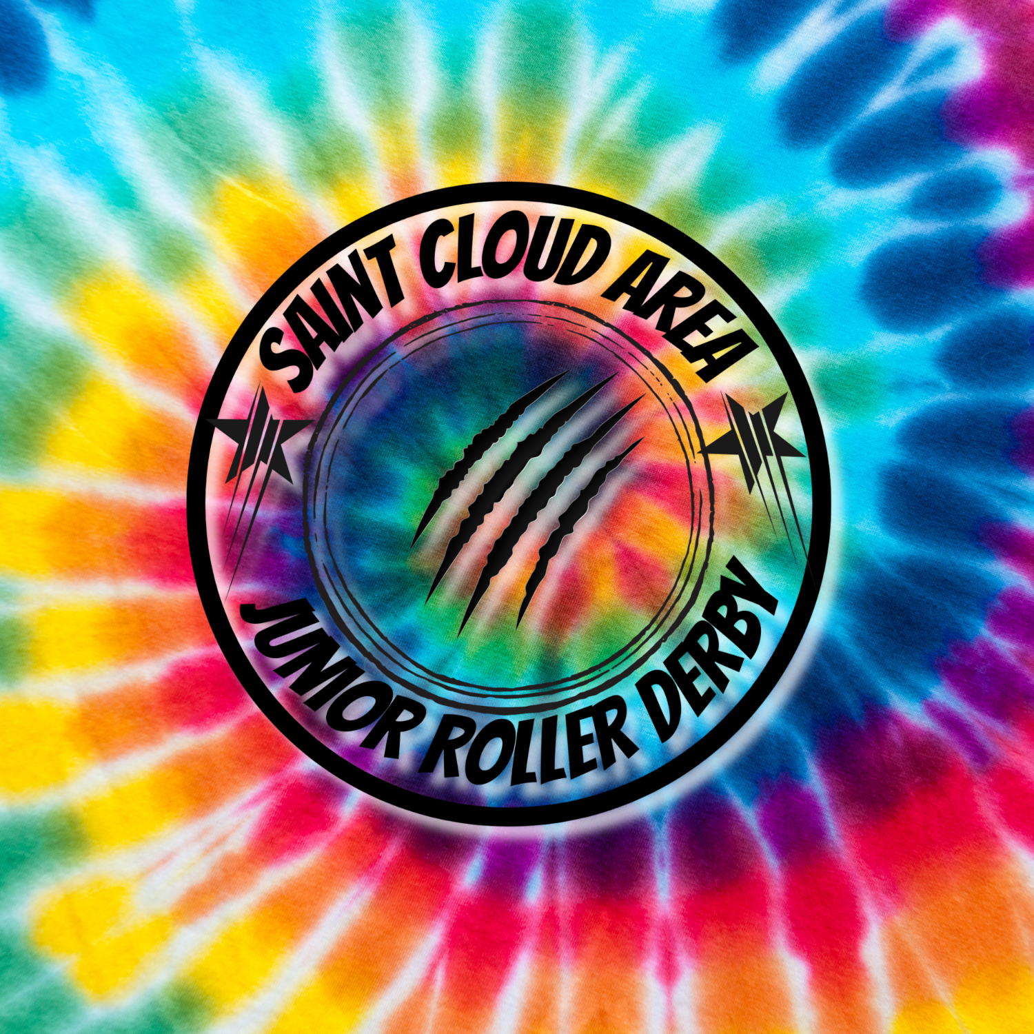 A colorful tie-dye fabric with a circular logo in the center that says 'Saint Cloud Area Jumper Roller Derby' with a claw mark design.