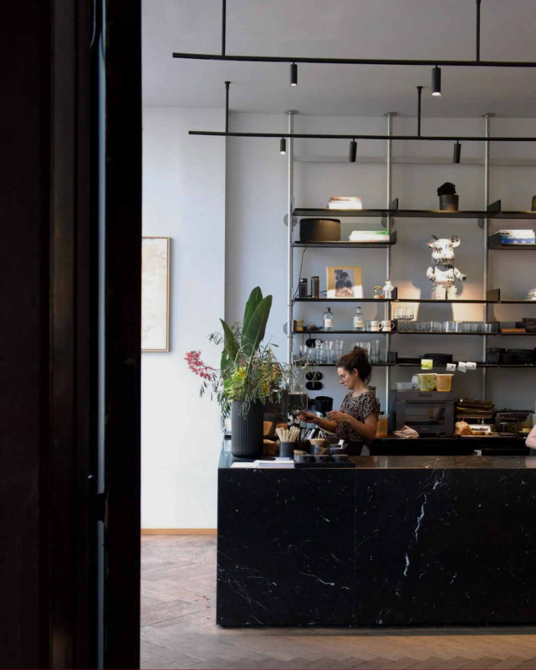 Innenaufnahme einer modernen Café-Theke mit einer dekorativen Pflanze und einer Mitarbeiterin hinter der Theke, im Hintergrund Regale mit Büchern, Dekorationen und Küchenutensilien.