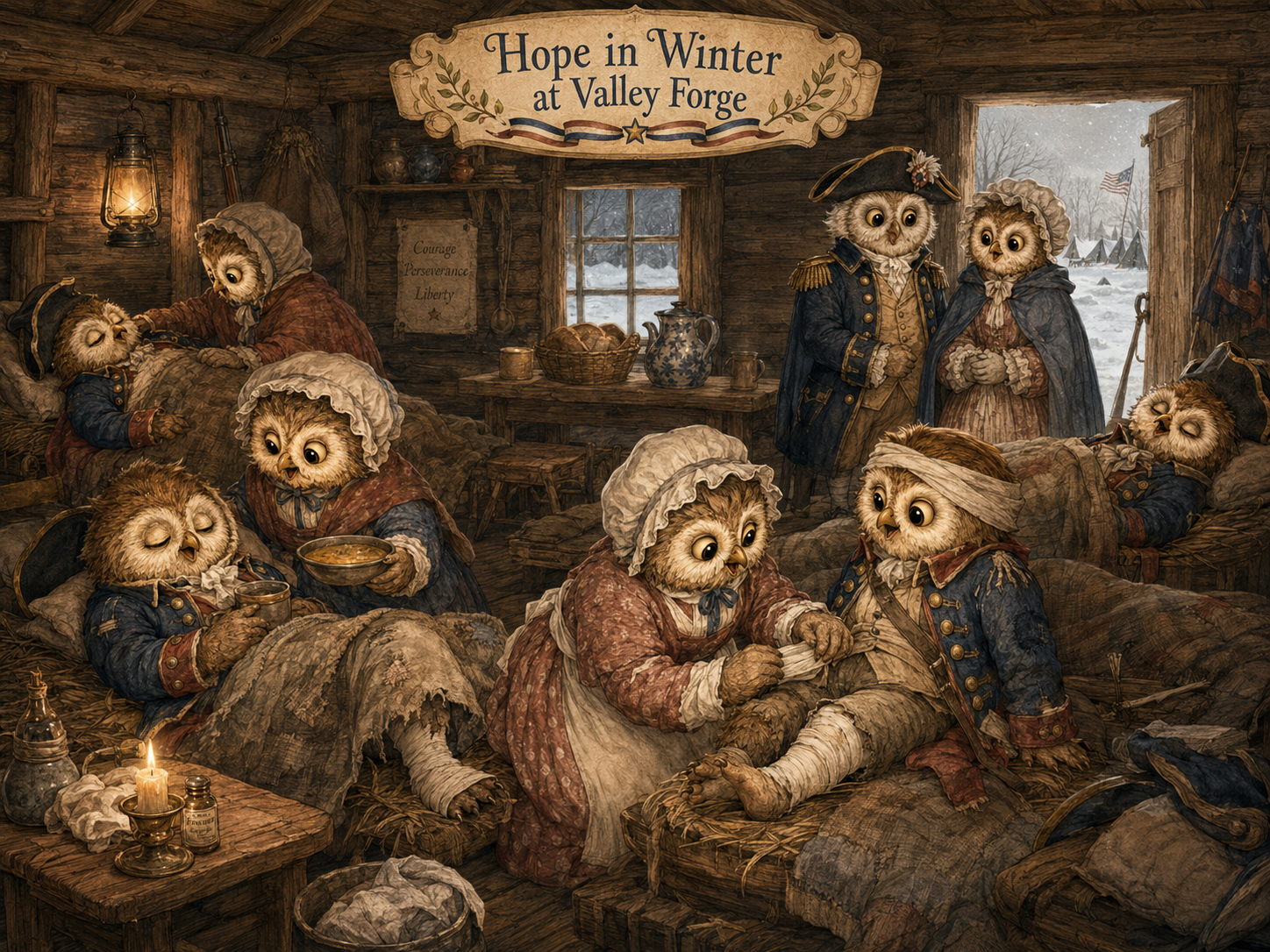 Valley Forge Scene with aid to sick men
