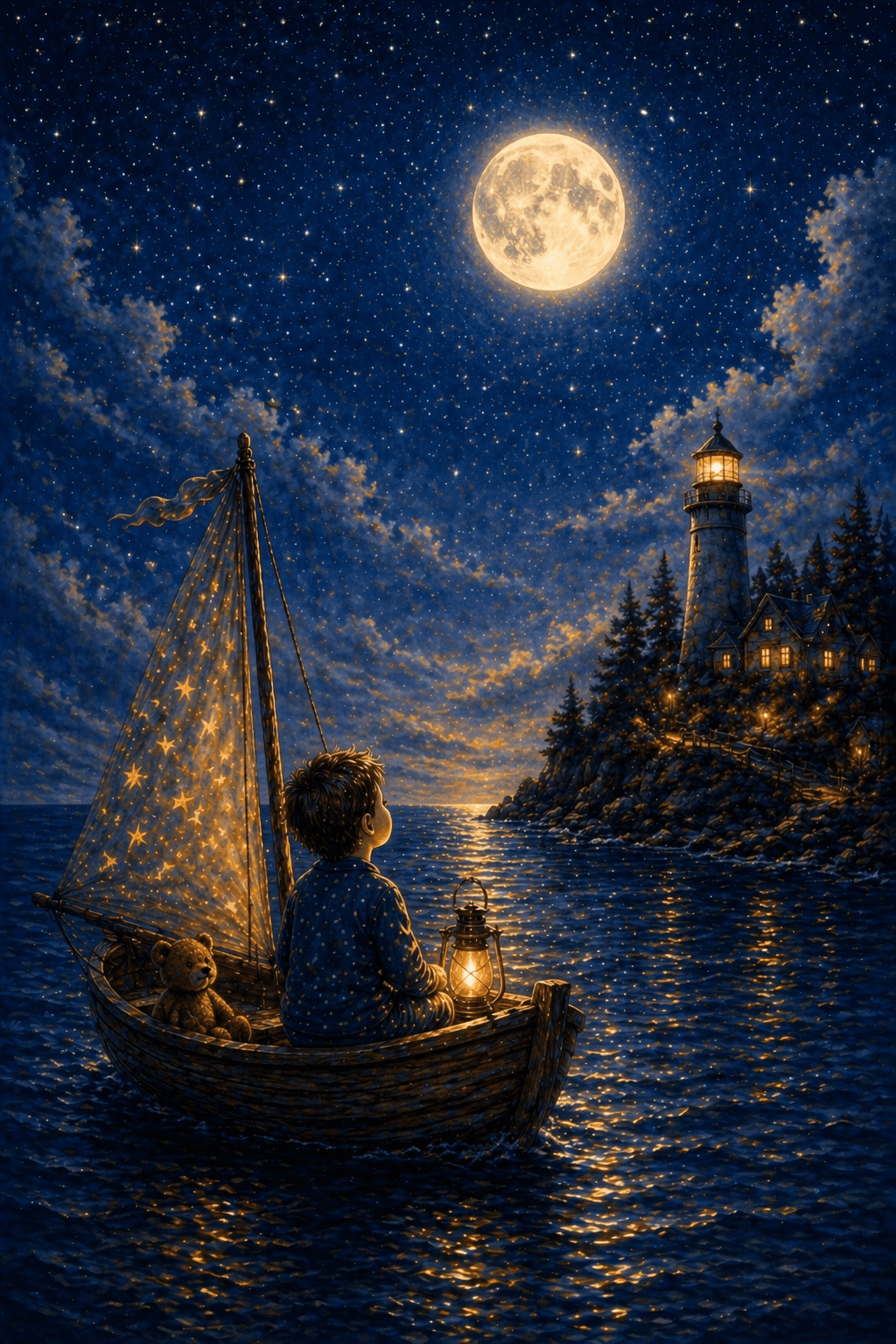 A boy sailing a small boat on water at night, illuminated by a lantern, with a teddy bear inside, looking at a bright full moon and starry sky, near a lighthouse and house on the shoreline.
