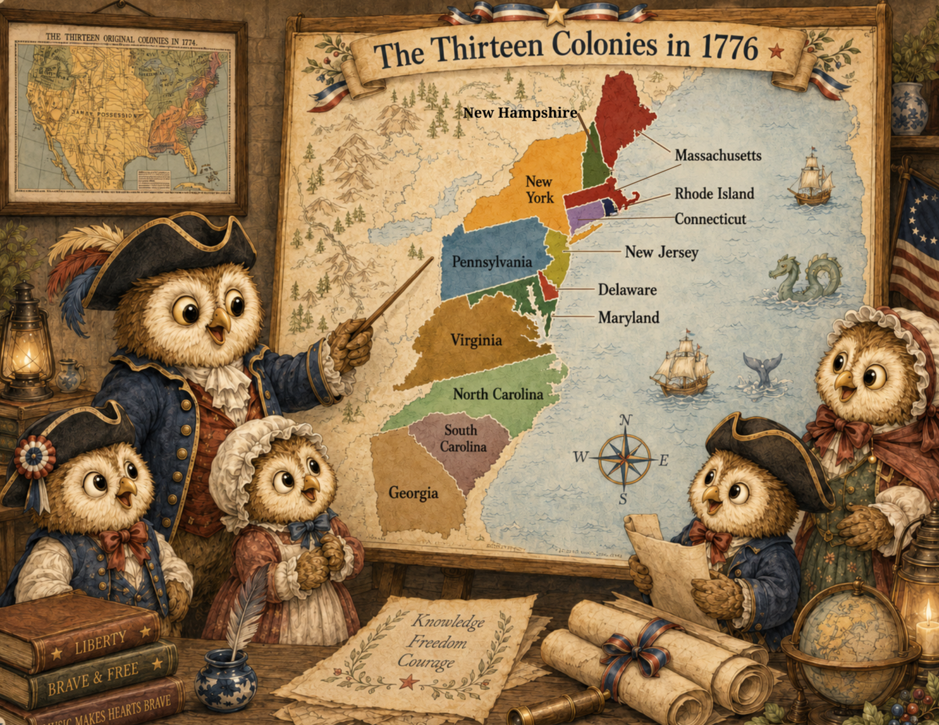 Illustration of a historical map of the thirteen colonies in 1776 with animated owl characters dressed in colonial attire pointing to the map, surrounded by books, scrolls, and patriotic decorations.