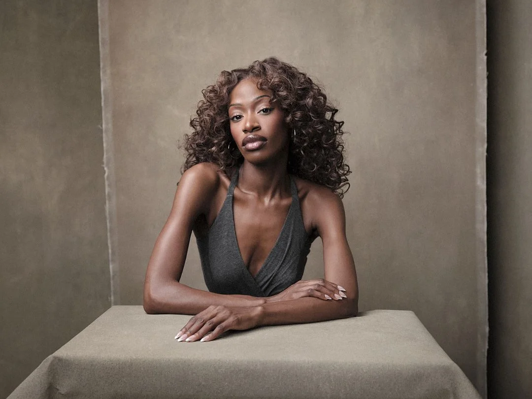 A woman with curly hair sitting at a table with her arms crossed, wearing a dark sleeveless top, looking at the camera against a plain background.