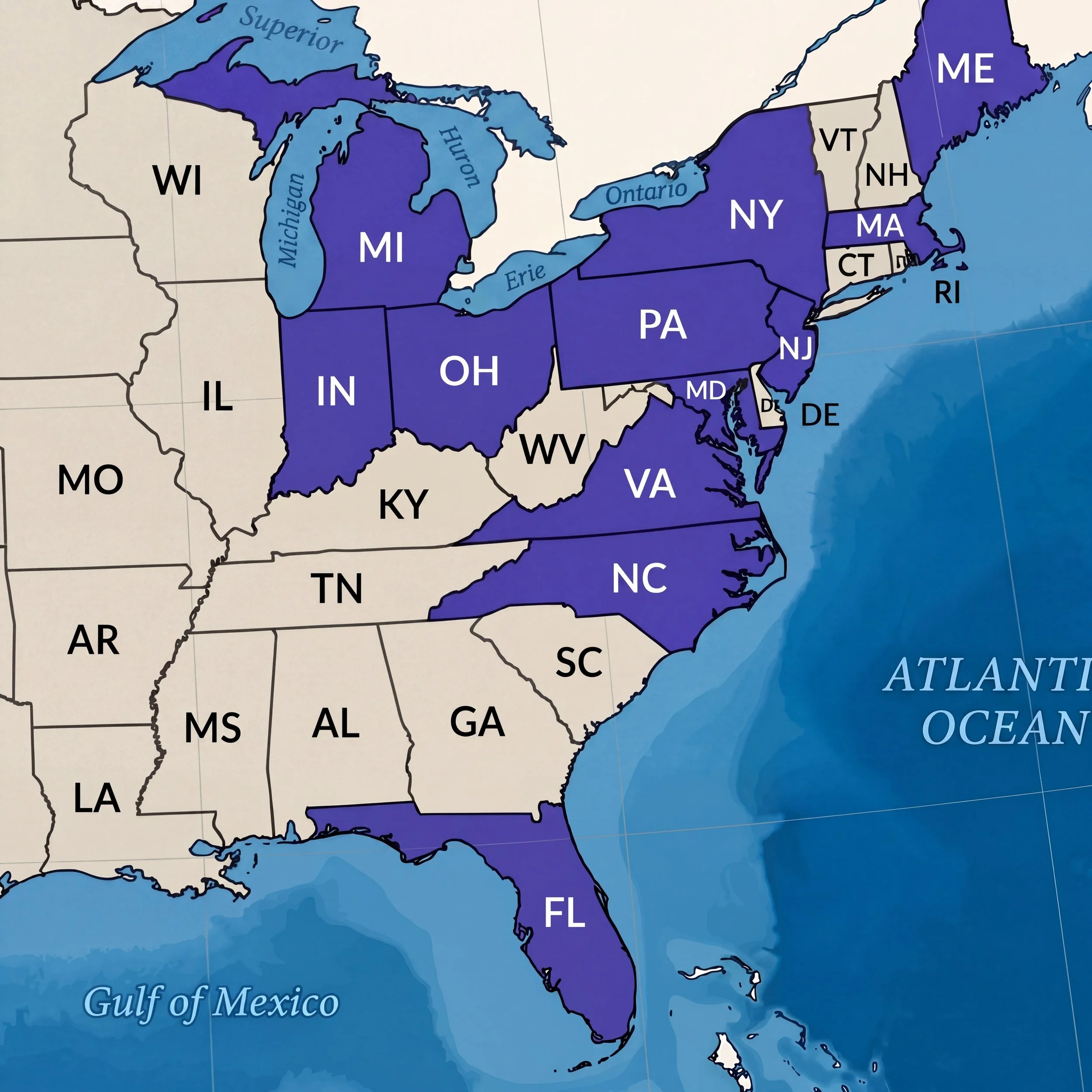 Map of the northeastern United States showing state boundaries and abbreviations, including Michigan, Ohio, Pennsylvania, New York, New Hampshire, Vermont, Maine, and parts of other neighboring states, with bodies of water like the Atlantic Ocean and the Gulf of Mexico labeled.