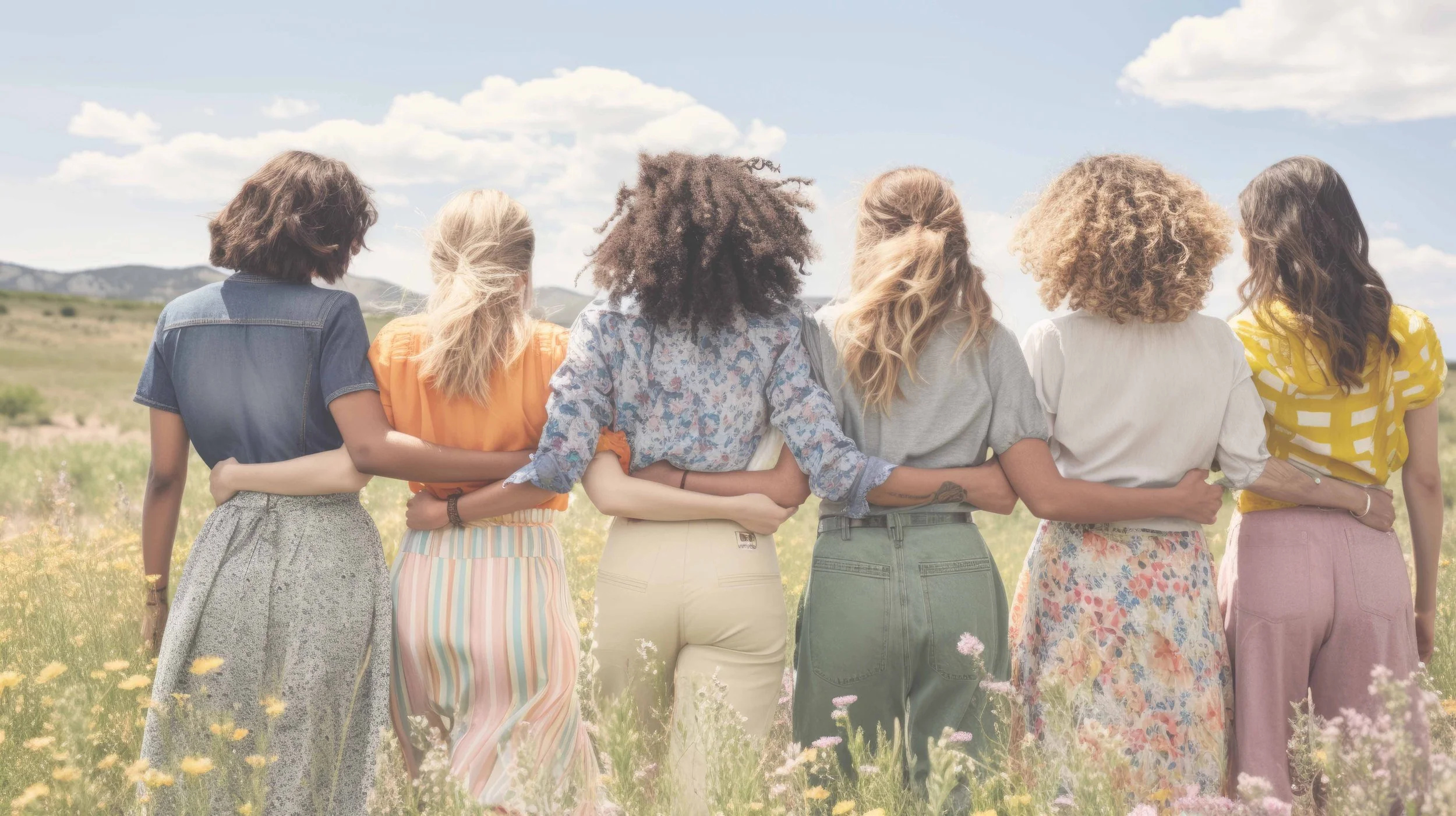 Six women with diverse hairstyles and clothing standing arm in arm in a field under a blue sky with scattered clouds.