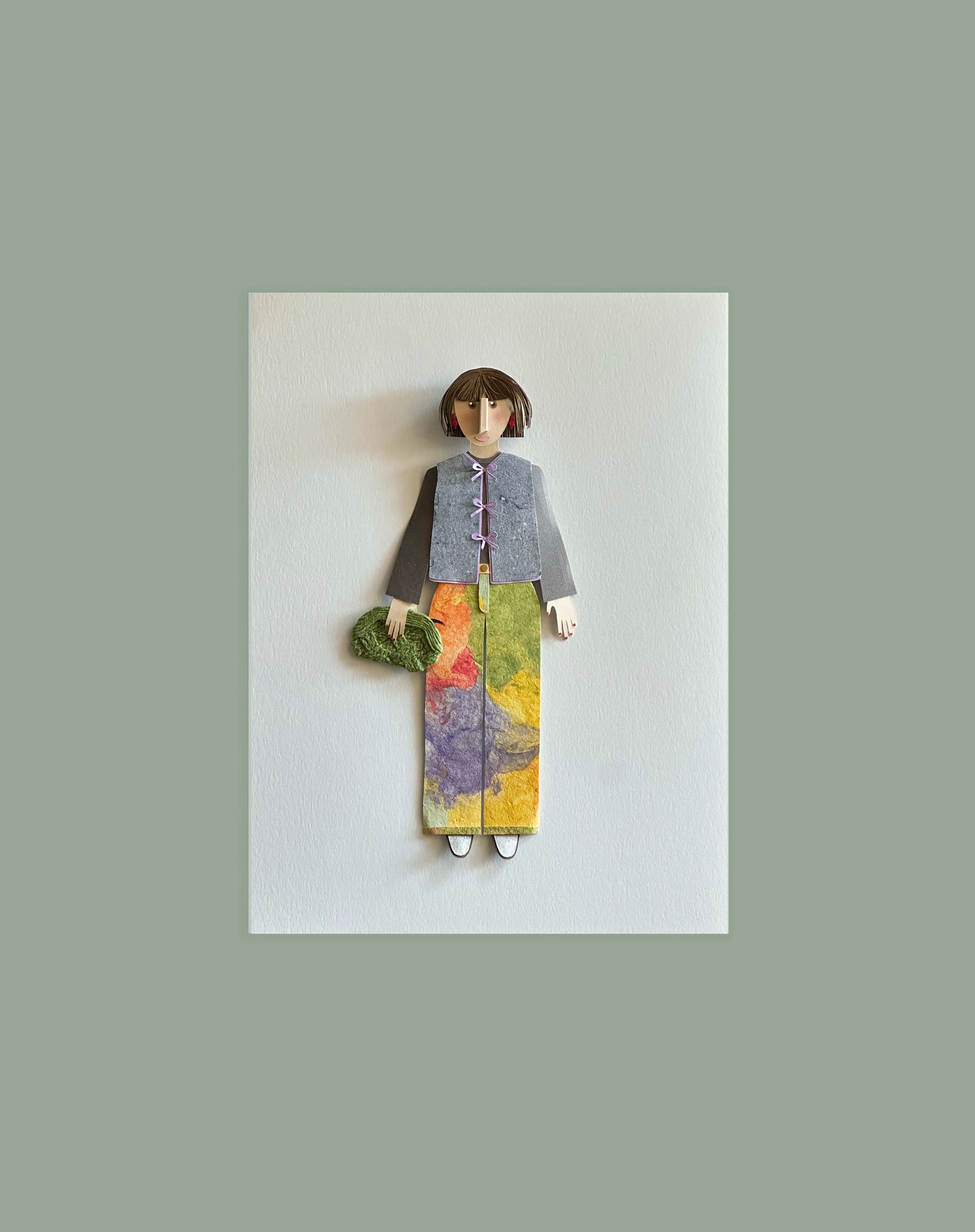 Original art of a woman holding a purse, wearing colorful clothes.