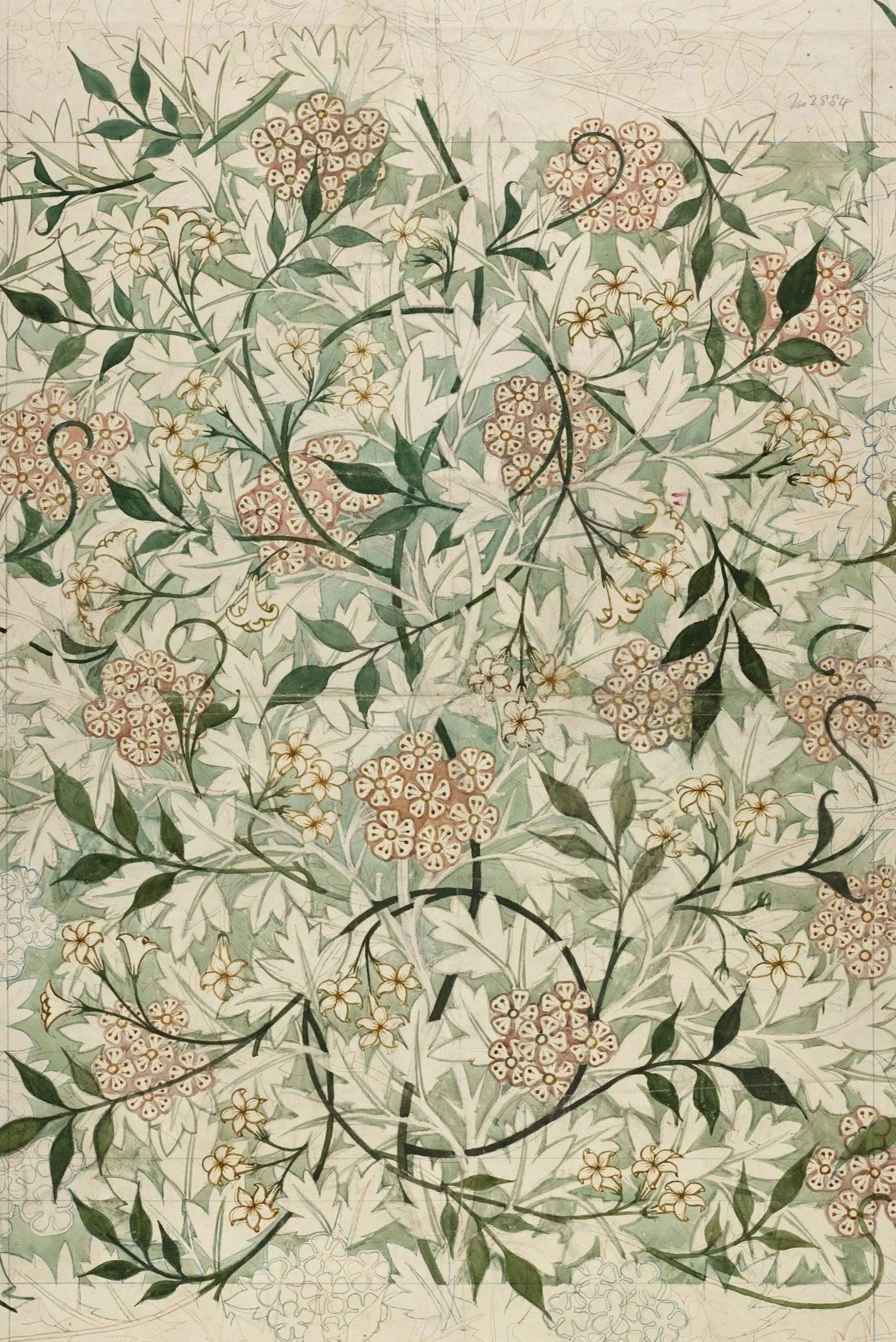 A detailed botanical paper featuring green leaves, small white and brown flowers, and patterned clusters of red and white flowers.