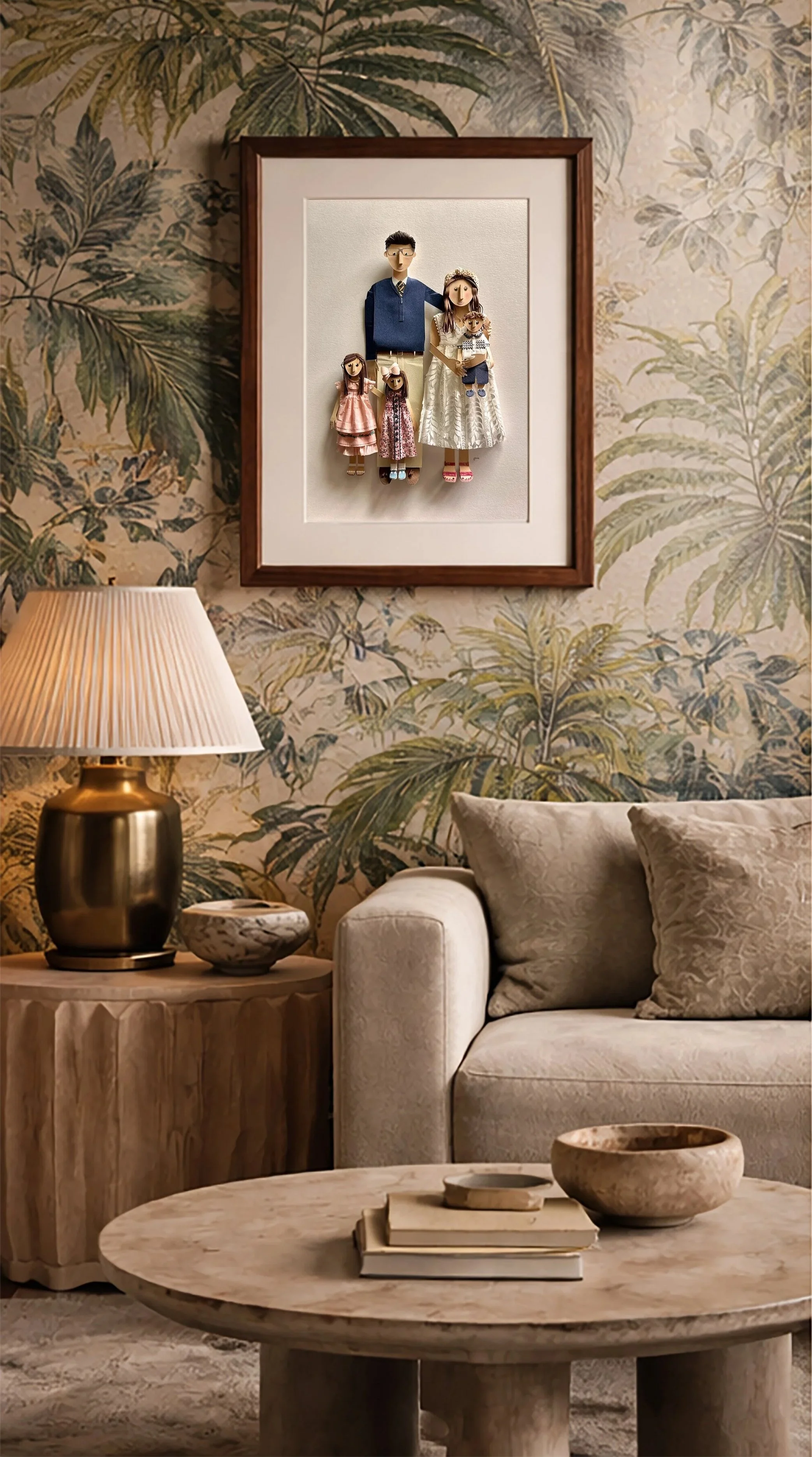 Living room with beige sofa, wooden coffee table with books and bowls, wallpaper with tropical leaves, and framed custom family portrait on the wall, lit by a table lamp with a gold base.