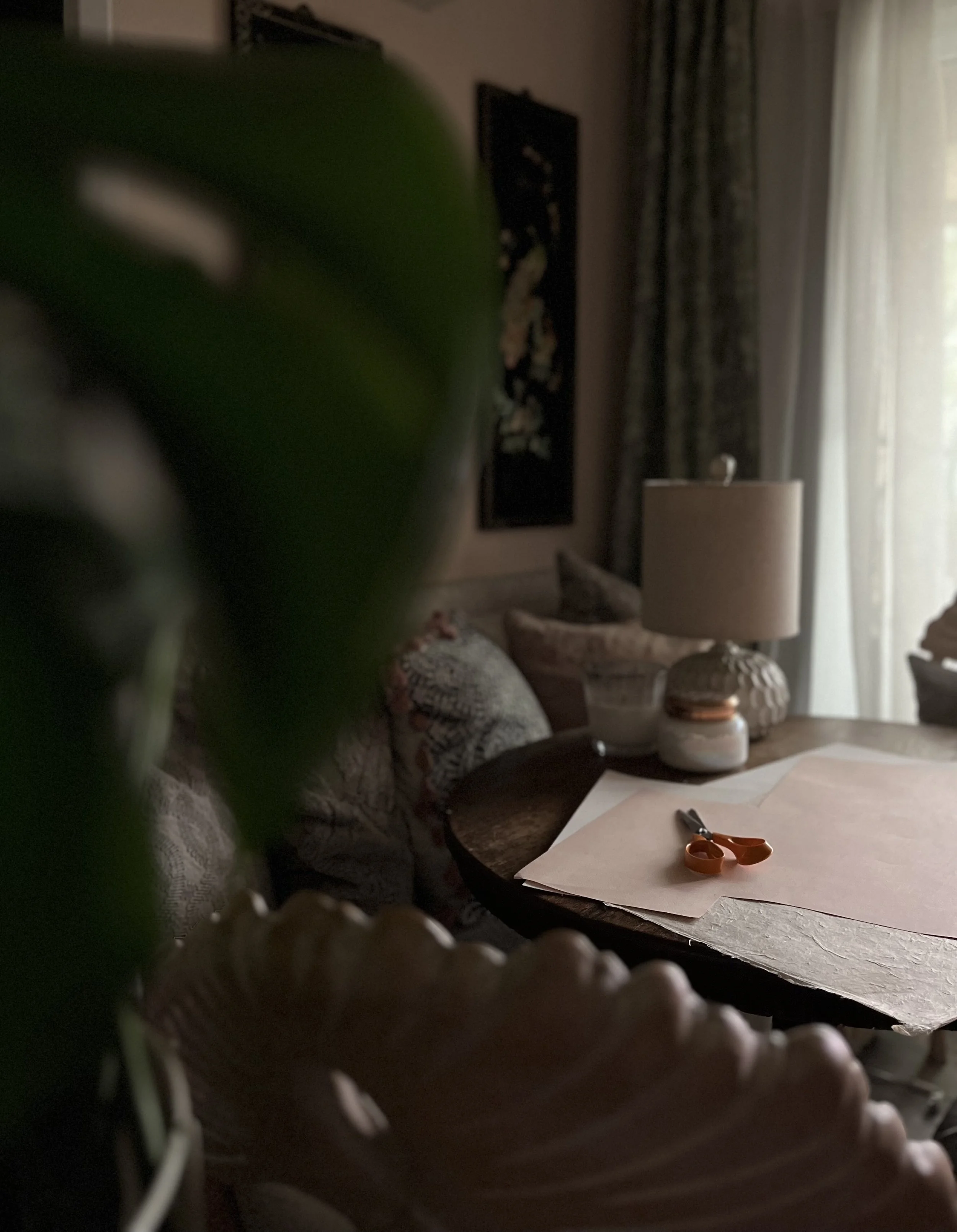 Living room scene with a table, a lamp, pillows, and a window with curtains, blurred in the background, with a green plant leaf partially blocking the view.