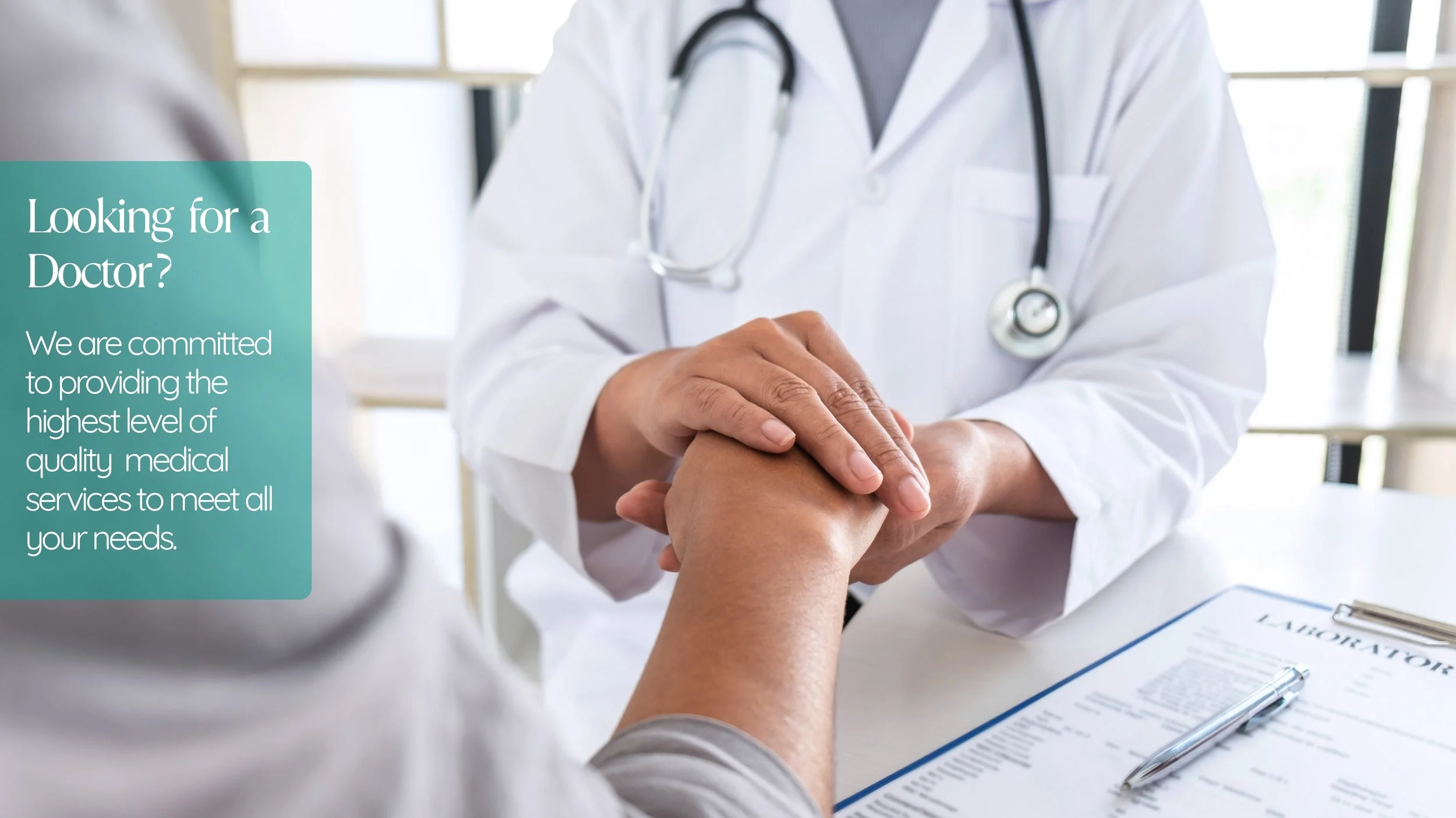 A doctor holding a patient's hand in a hospital or clinic setting with a clipboard and pen on the table. There is a teal text box with white text on the left side of the image.