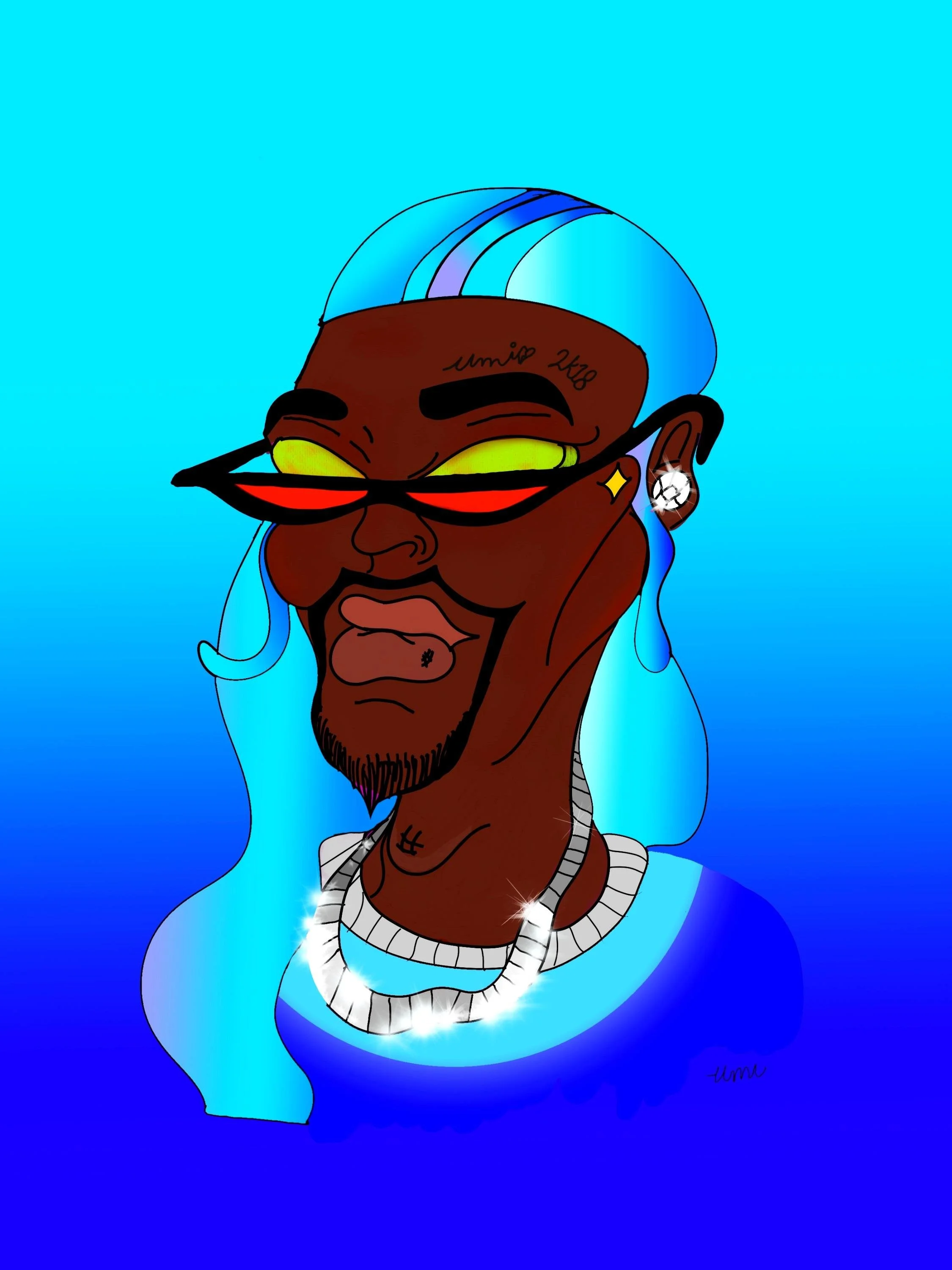 Digital illustration of a person with dark skin, yellow glowing eyes, blonde hair with blue streaks, wearing red tinted glasses, earrings, a diamond necklace, and a tattoo on the forehead, set against a gradient blue background.
