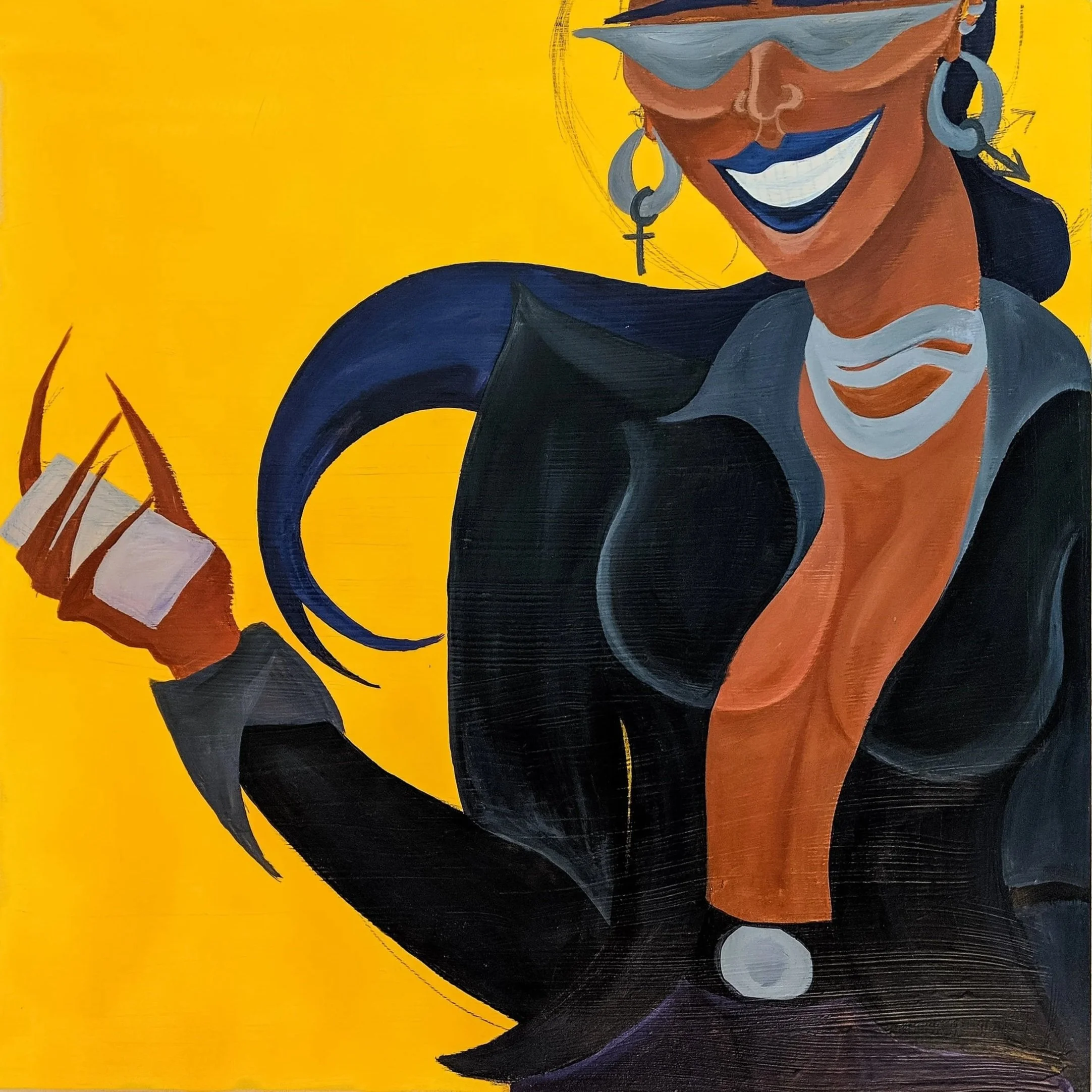 A colorful painting of a woman with dark hair, sunglasses, and earrings, holding a large mug against a yellow background.
