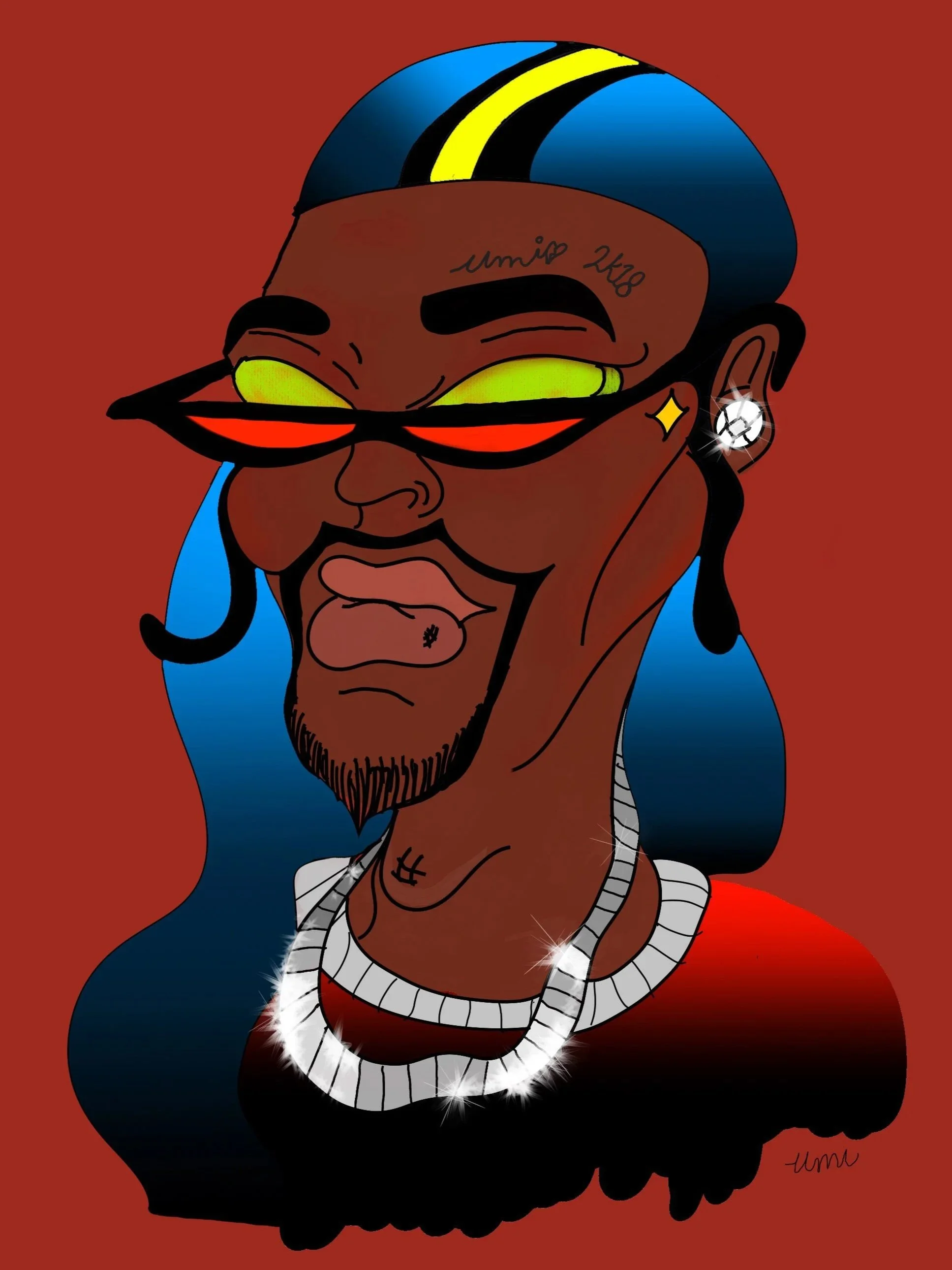 Cartoon illustration of a person with dark skin, long blue hair, and wearing red sunglasses, diamond earrings, a diamond necklace, and a red and black shirt. The person has tattoos on their forehead and neck and is sticking out their tongue with a lip piercing. The background is solid red.
