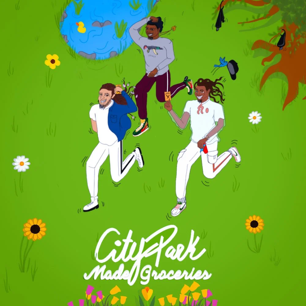 Three people are running on a grassy field with flowers, near a pond with ducks, trees, and hanging hats. The logo 'City Park Made Groceries' is at the bottom.