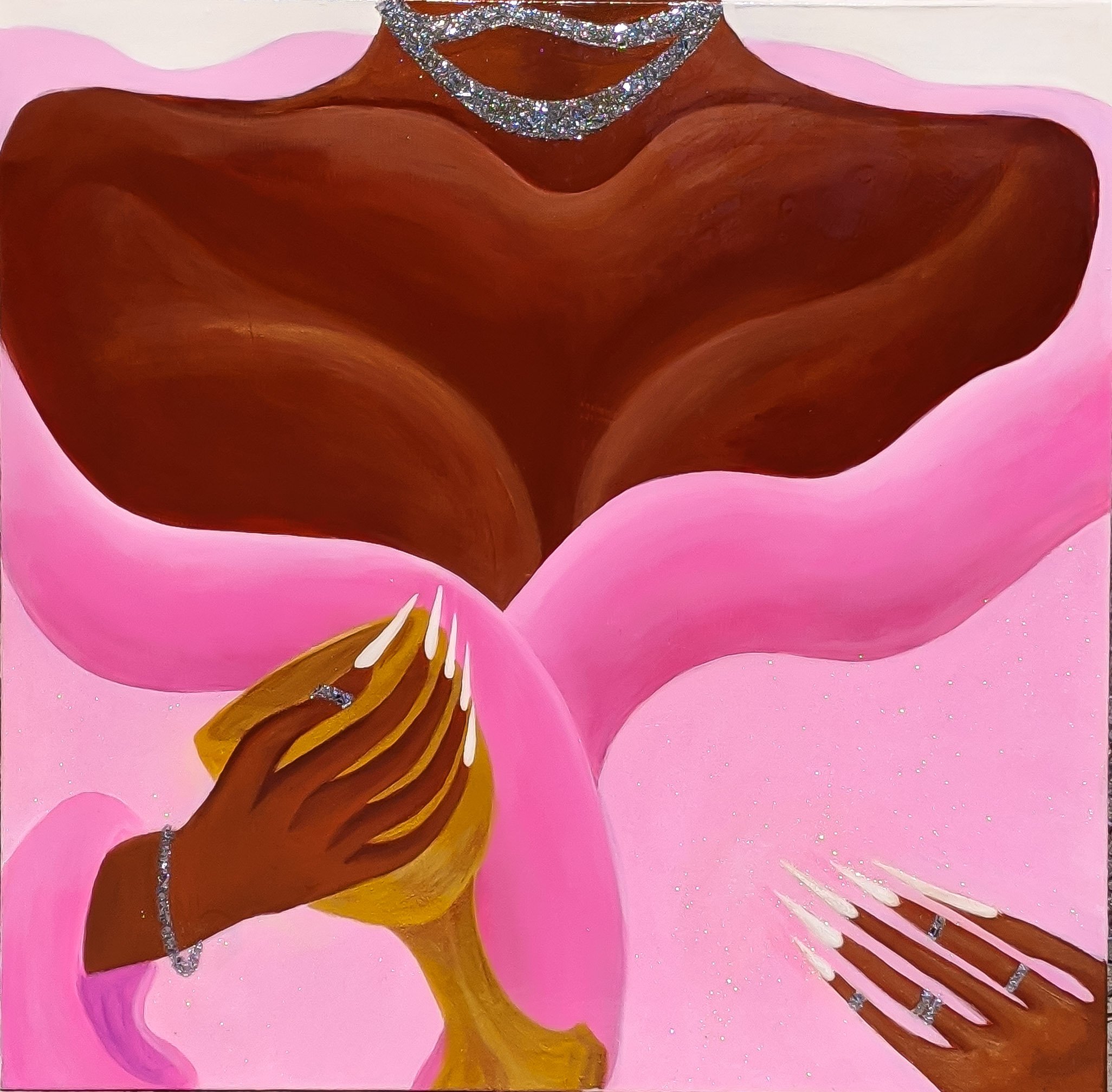 Painting of a woman with dark skin and long white nails, holding a golden chalice, with her chest exposed, surrounded by pink and brown abstract shapes.