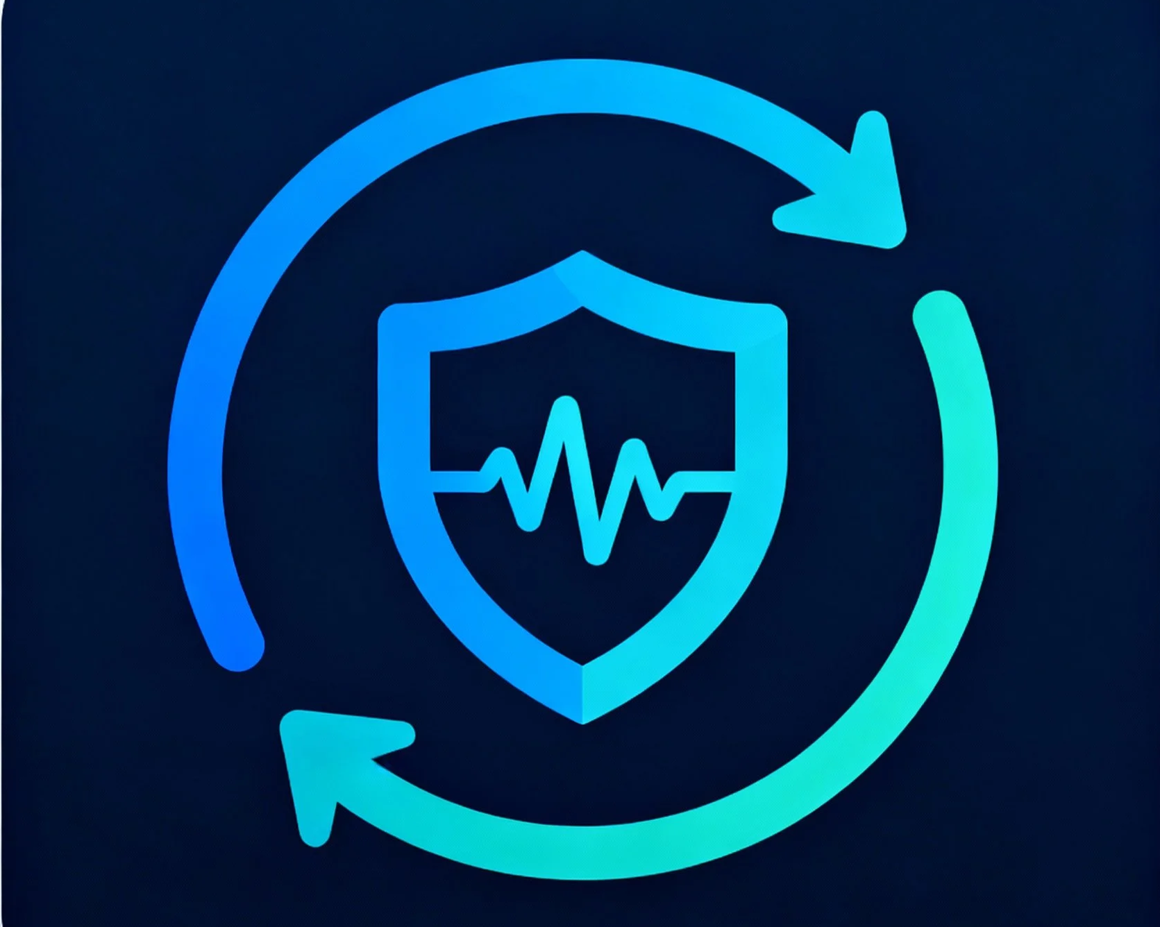 A shield with a heartbeat line in the center, surrounded by two circular arrows indicating protection or renewal.