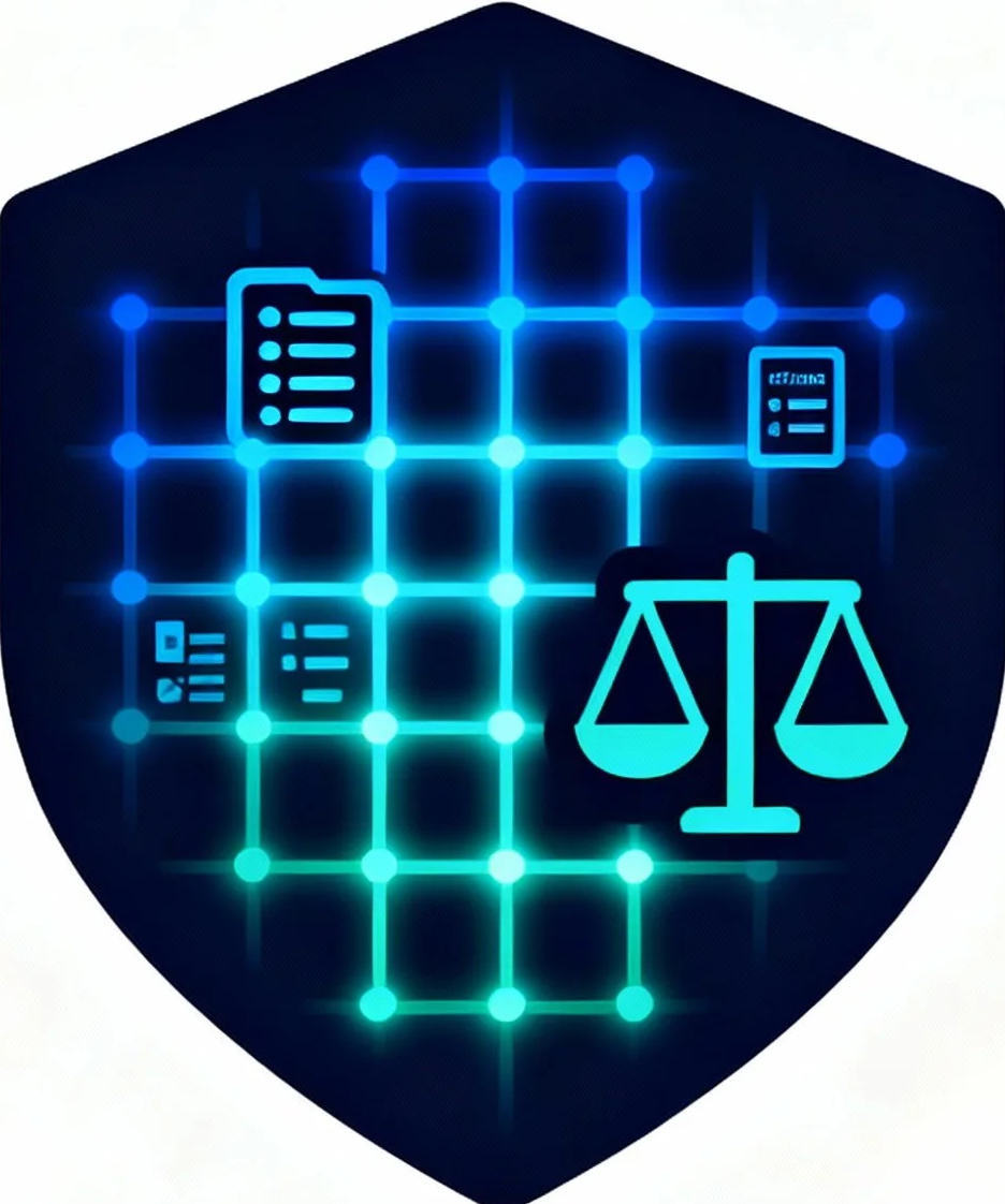 A digital shield with icons representing legal documents, a balance scale, and a checklist, all depicted in glowing blue lines.