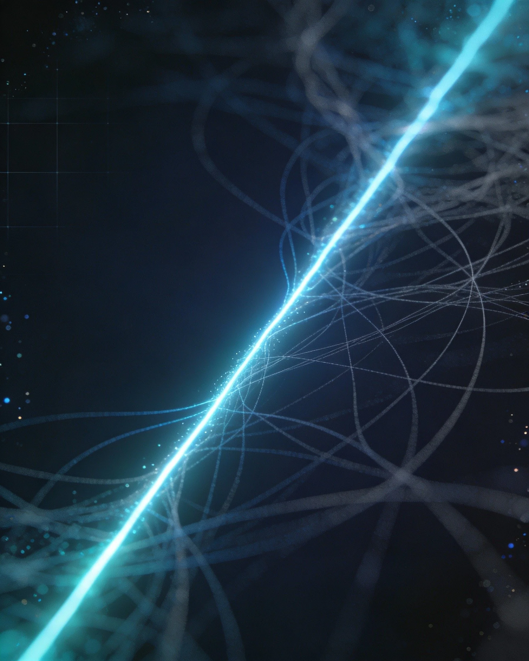 Futuristic digital illustration of a glowing blue line crossing the dark background with interconnected white and blue lines and circles.
