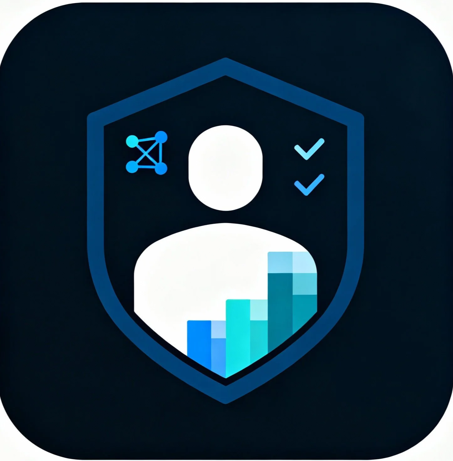 Icon representing user security, including a shield with a user silhouette, a network node, checkmarks, and ascending bar chart in shades of blue.