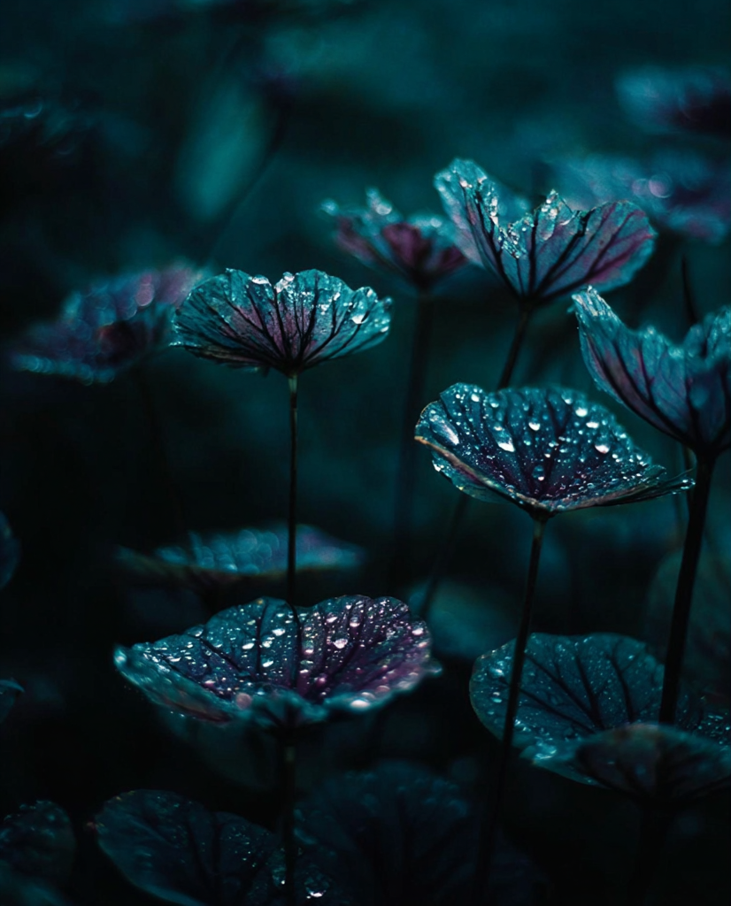 Close-up of deep purple-green leaves with water droplets, softly illuminated in cool light - symbolising nervous system regulation, stillness, and embodied resilience.
