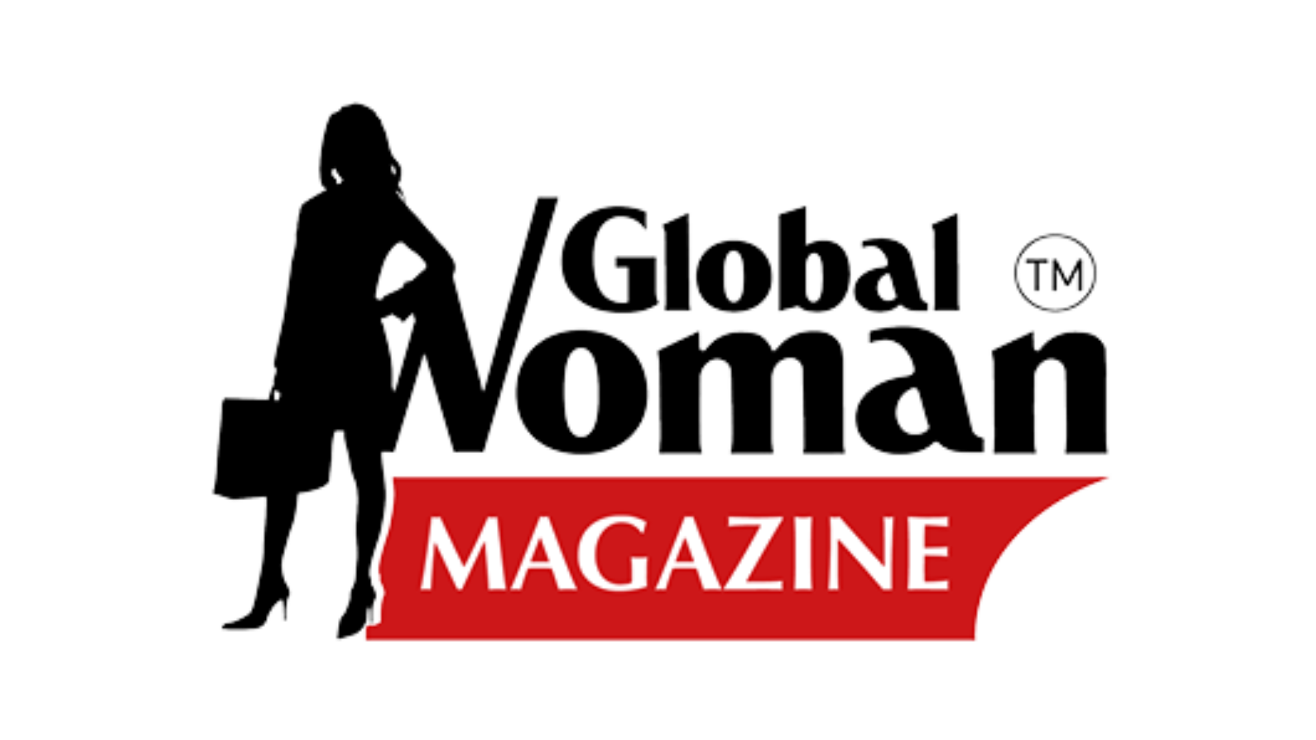 Global Woman Magazine logo with black silhouette of a woman holding a briefcase, bold black text, and red banner – focused on women in business and global leadership.