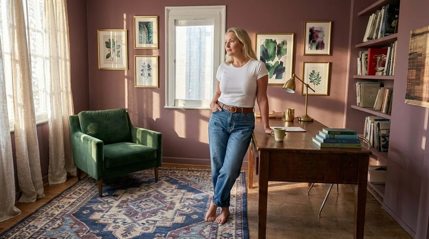 Lauren Lepley standing barefoot in a warm, softly lit room with botanical artwork and books – evoking lived-in leadership, gentle empowerment, and embodied expertise.