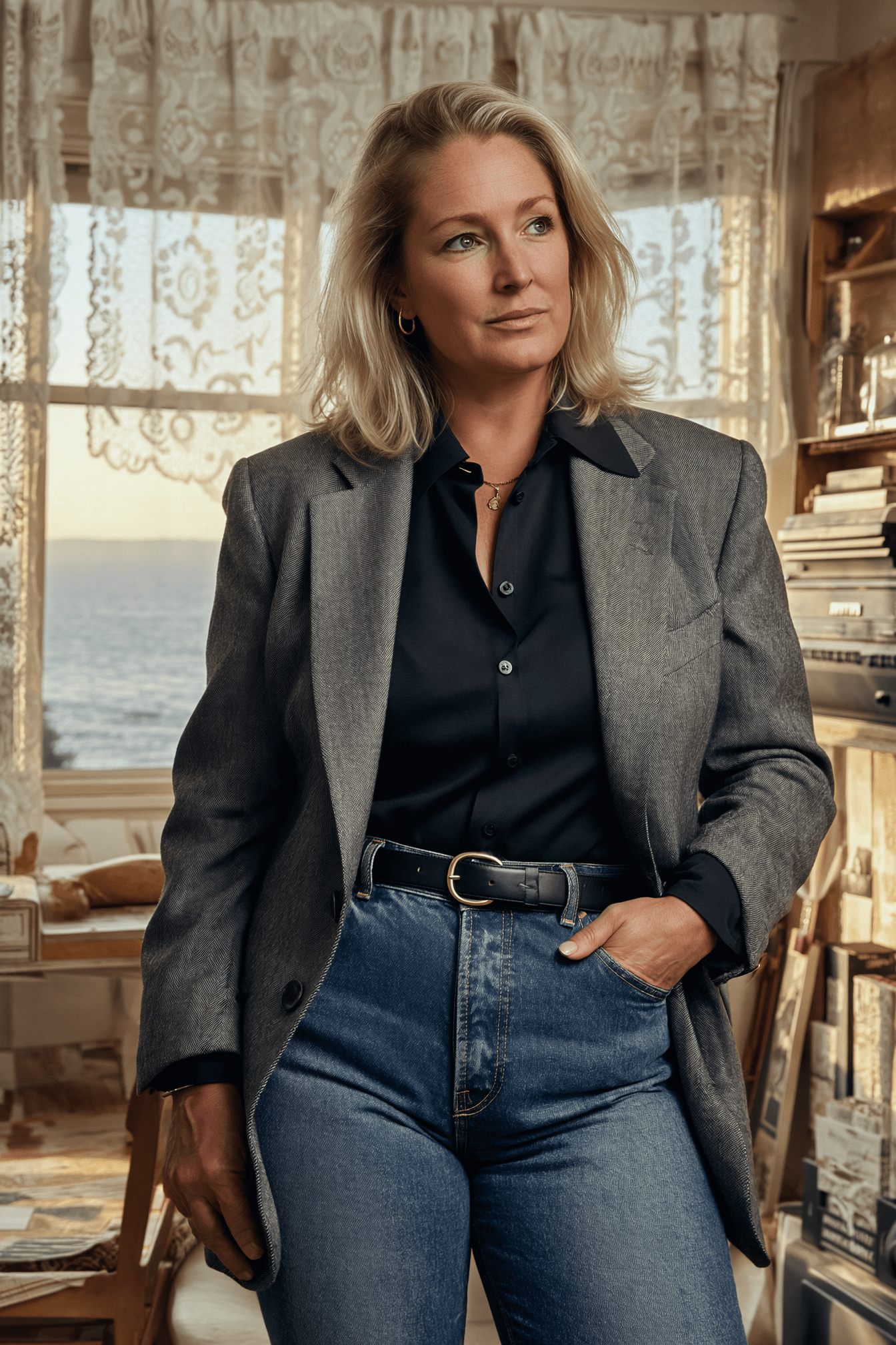 Professional woman with blonde hair wearing a blazer and jeans, standing in a bright room overlooking the ocean - symbolising calm authority and executive clarity.
