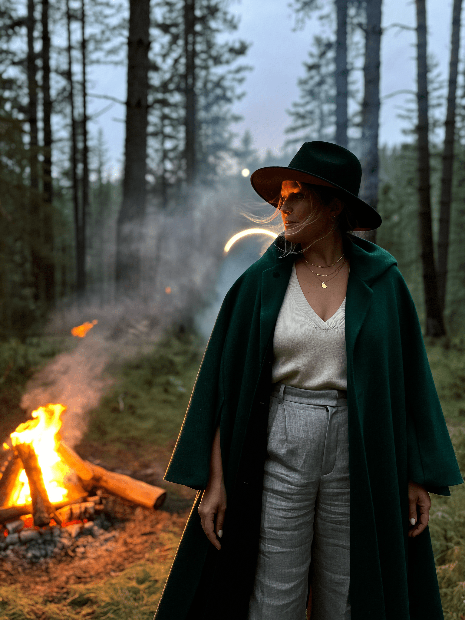 High-capacity woman outdoors at dusk in the forest, standing by a campfire, dressed in layered clothing - evoking grounded leadership, resilience, and nervous system regulation.