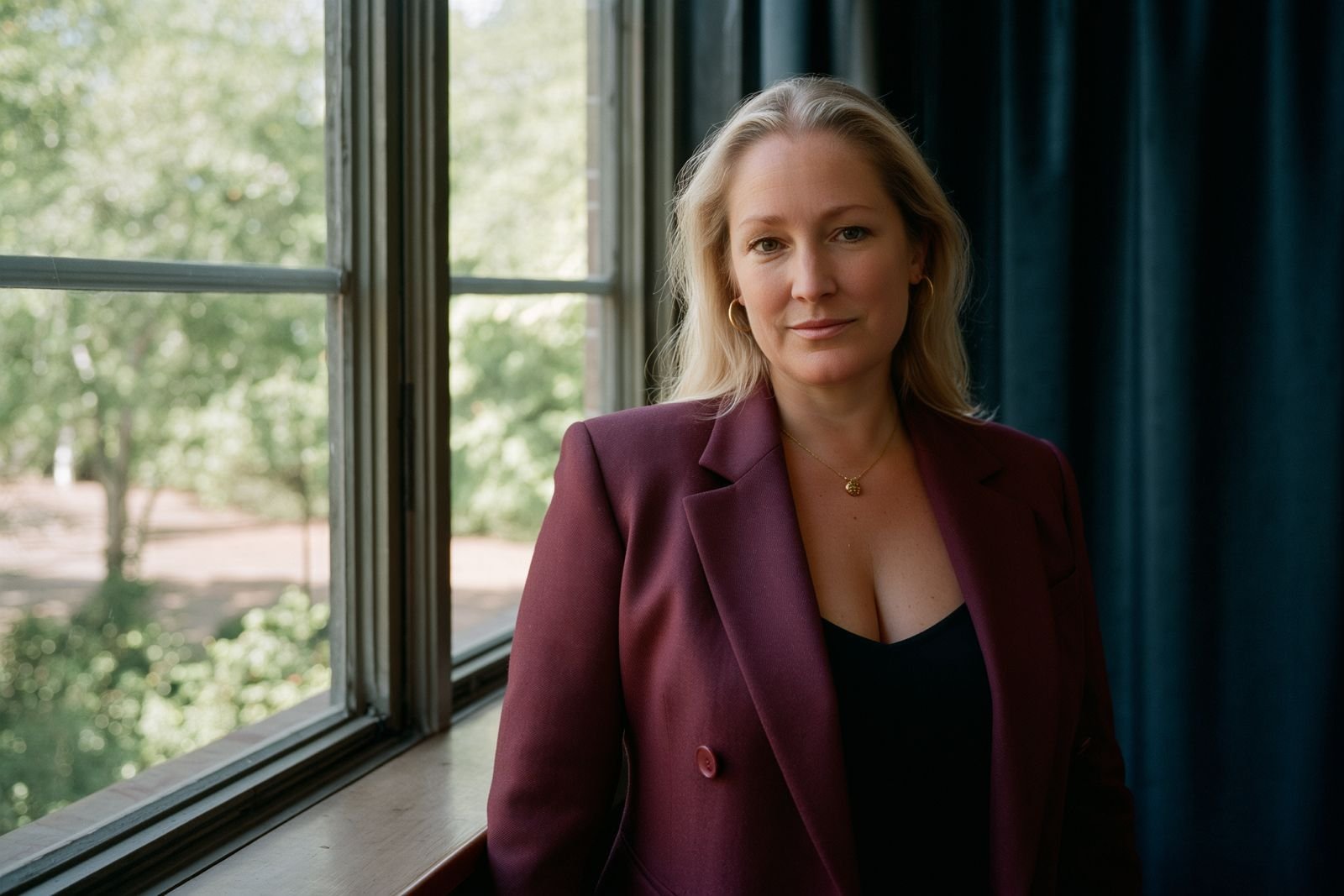 Portrait of Lauren Lepley in a maroon blazer standing near a window surrounded by greenery – grounded, welcoming, professional presence for trauma-informed coaching.
