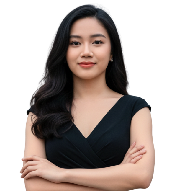 A woman with long black hair, wearing a black dress, with arms crossed, smiling gently, against a black background.