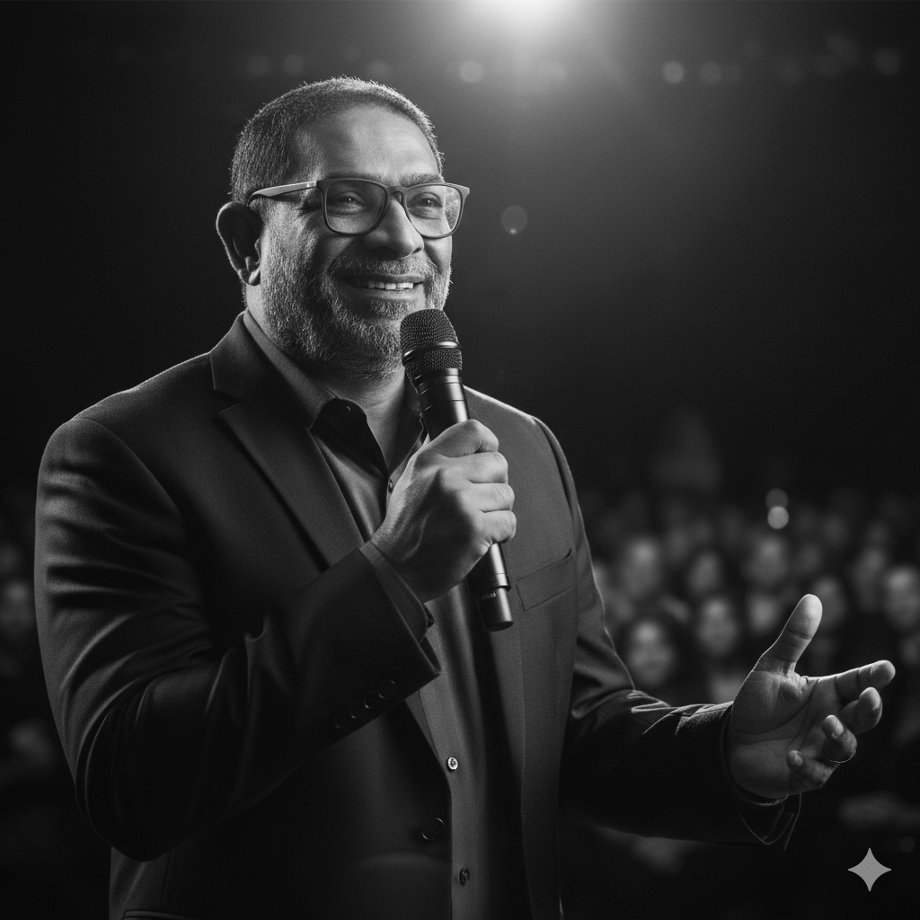 A man in a suit, with glasses and a beard, smiling while holding a microphone and speaking at an event, with an audience in the background.