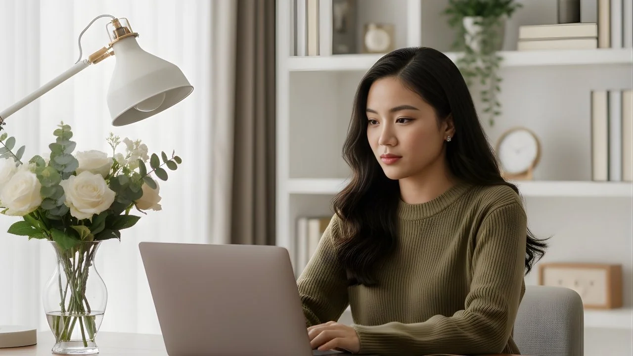 A young Asian woman with long black hair working on a laptop in a bright room with white shelves, a vase of white flowers, and a desk lamp.