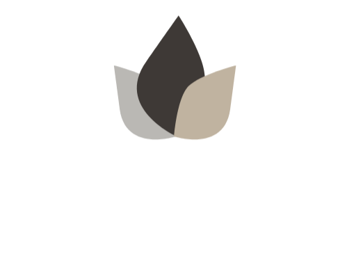 A minimalist illustration of a flame with three colored sections in black, beige, and gray, above a white oval shape.