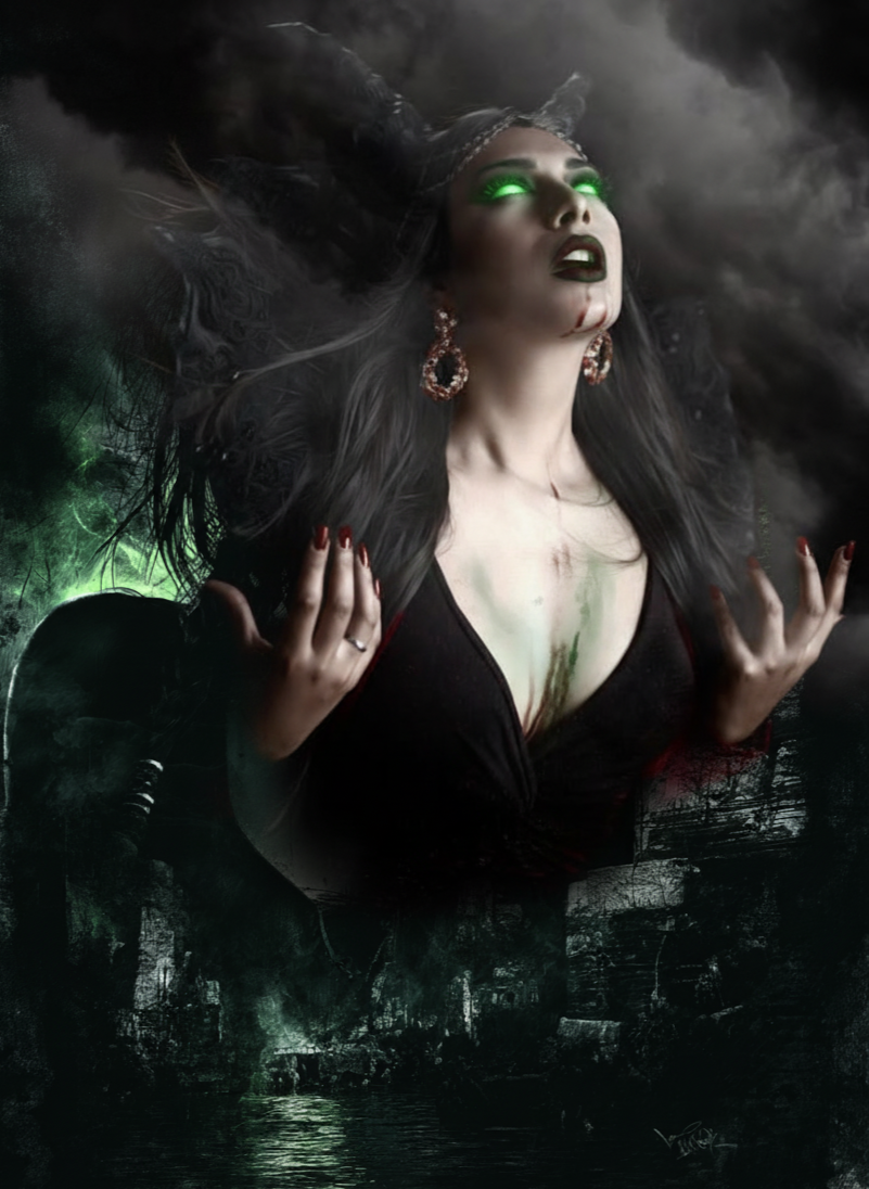 Mujer con ojos verdes brillantes, cabello largo y oscuro, vestida de negro, en un escenario oscuro y fantasmal, con un fondo de bosque y agua, en un estilo gótico y místico.