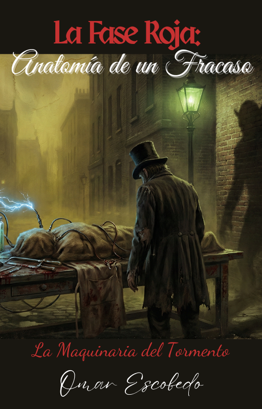 Portada de "La Fase Roja: Anatomía de un Fracaso" de Omar Escobedo, con una ilustración de un hombre con sombrero alto mirando una mesa con un cuerpo cubierto y cables eléctricos conectados. La escena es una calle oscura con una farola y un ambiente tétrico.
